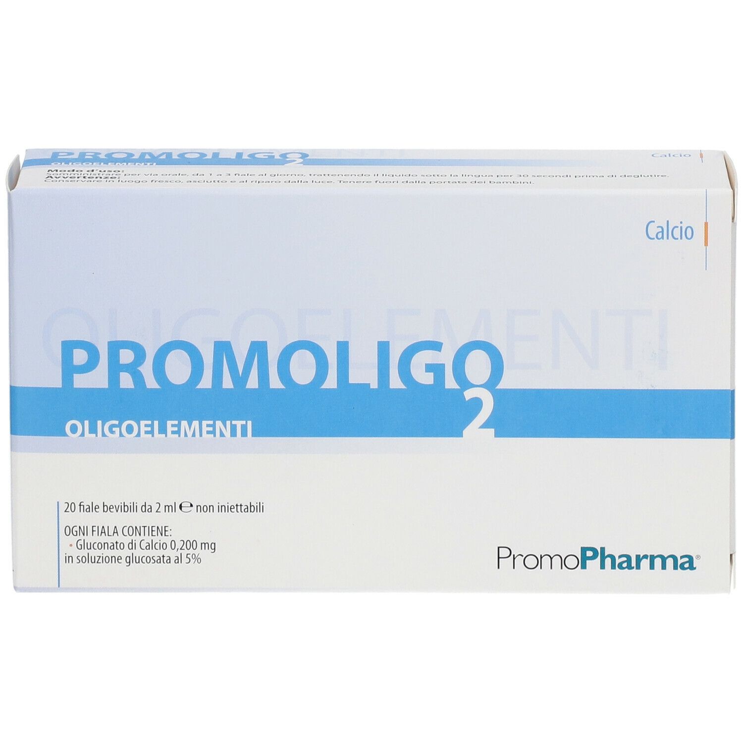 PromoPharma PROMOLIGO 2 Calcio Oligoelementi. Scatola bianca con nome e logo del prodotto. 20 fiale bevibili.