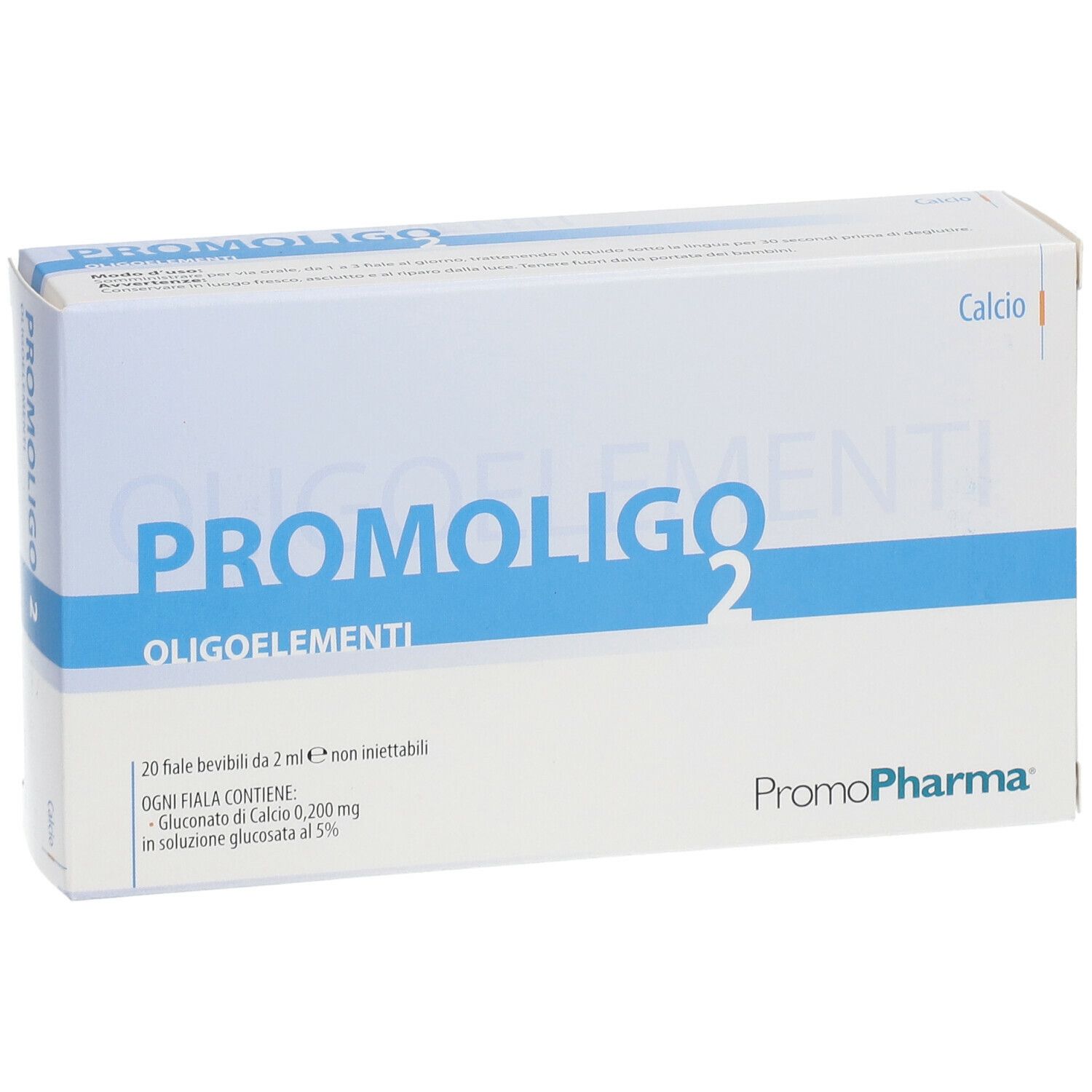 PromoPharma PROMOLIGO 2 Calcio Oligoelementi. Scatola bianca con nome e logo del prodotto. 20 fiale bevibili.
