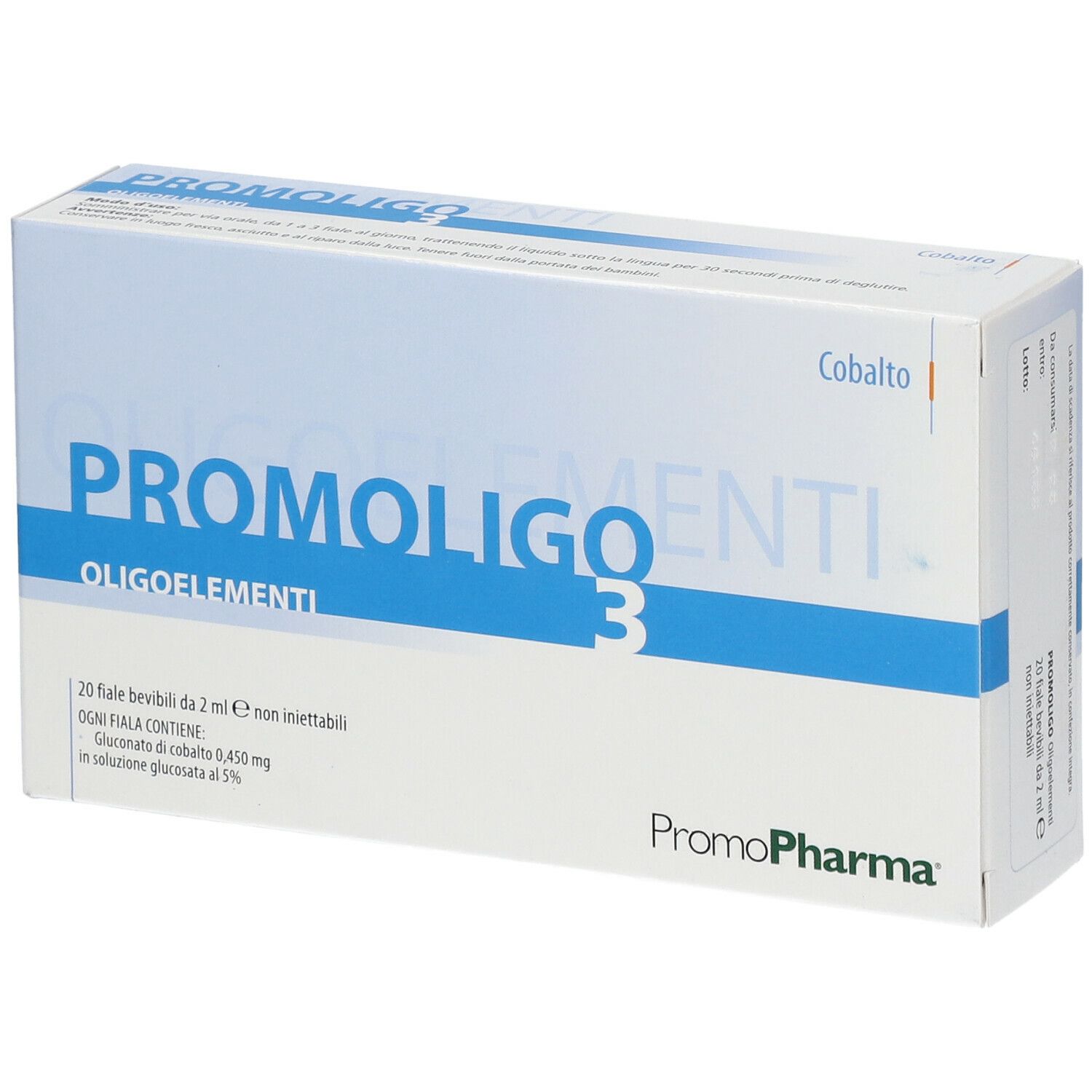 Scatola PROMOLIGO 3 Oligoelementi di PromoPharma. Contiene 20 fiale bevibili. Scritta Cobalto.