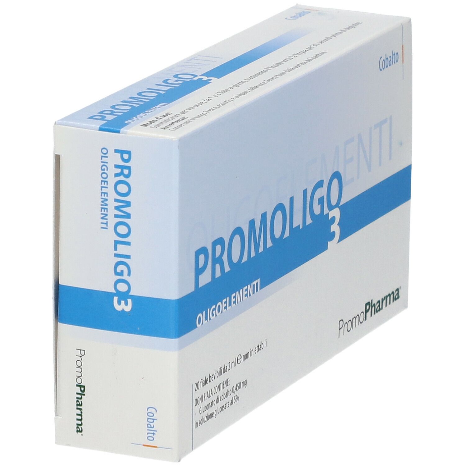 Scatola PROMOLIGO 3 Oligoelementi di PromoPharma. Contiene 20 fiale bevibili. Vista obliqua.
