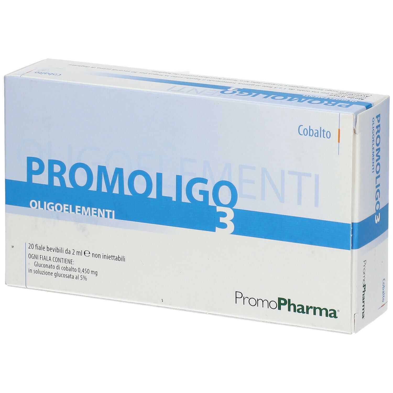 Scatola PROMOLIGO 3 Oligoelementi di PromoPharma. Contiene 20 fiale bevibili. Scritta Cobalto.