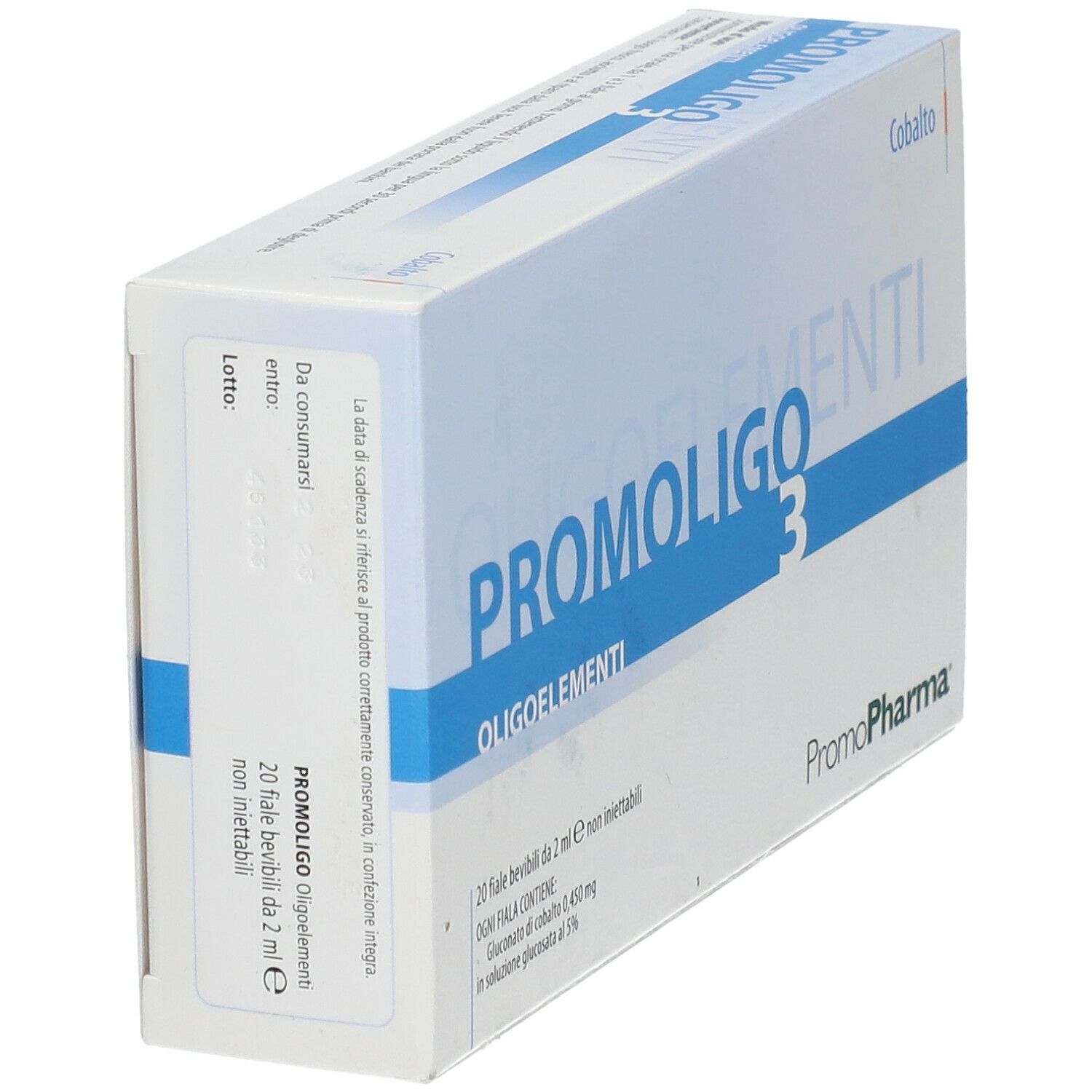 Scatola PROMOLIGO 3 Oligoelementi di PromoPharma. Contiene 20 fiale bevibili. Vista dettagliata.