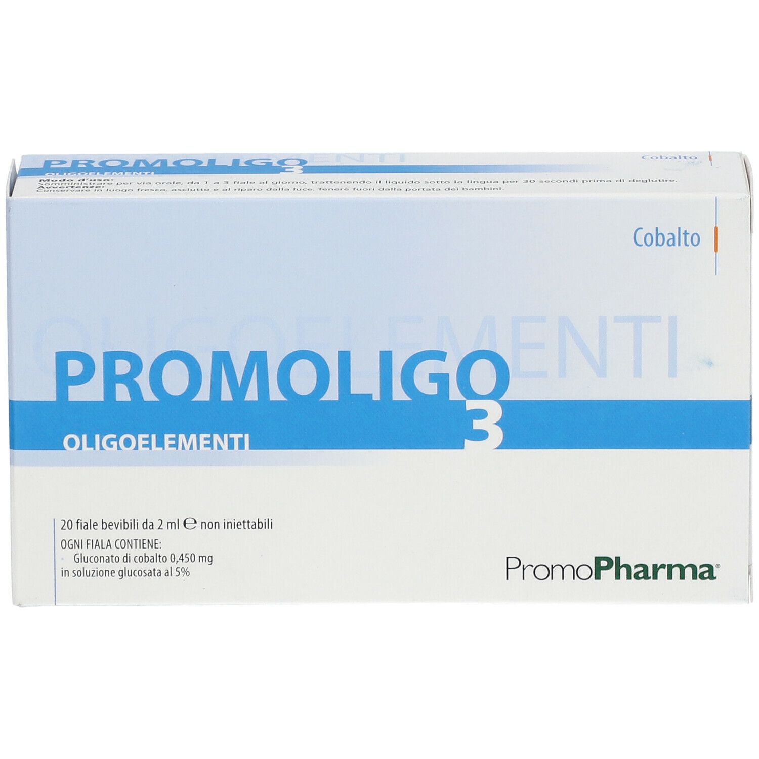 Scatola PROMOLIGO 3 Oligoelementi di PromoPharma. Contiene 20 fiale bevibili. Scritta Cobalto.