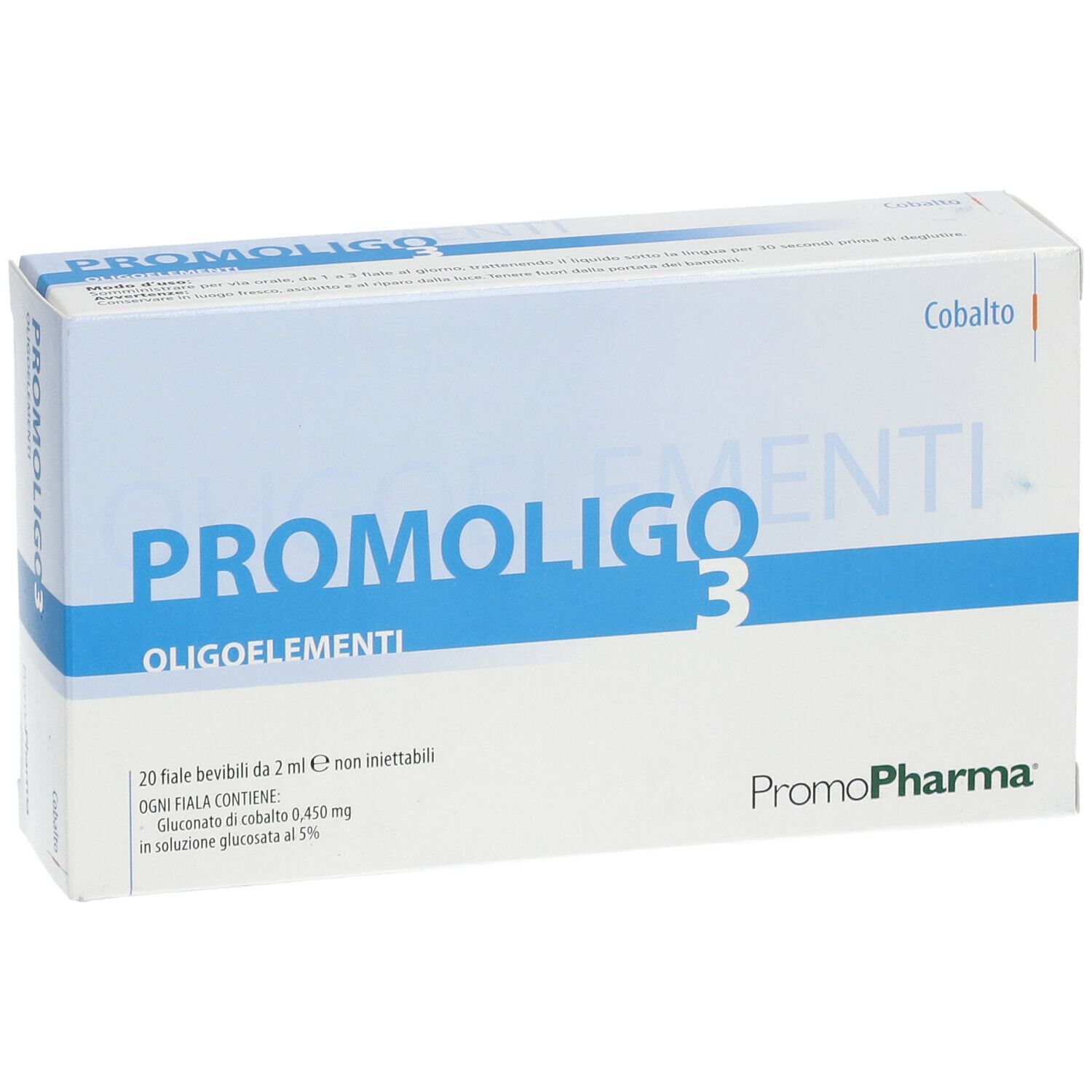 Scatola PROMOLIGO 3 Oligoelementi di PromoPharma. Contiene 20 fiale bevibili. Scritta Cobalto.