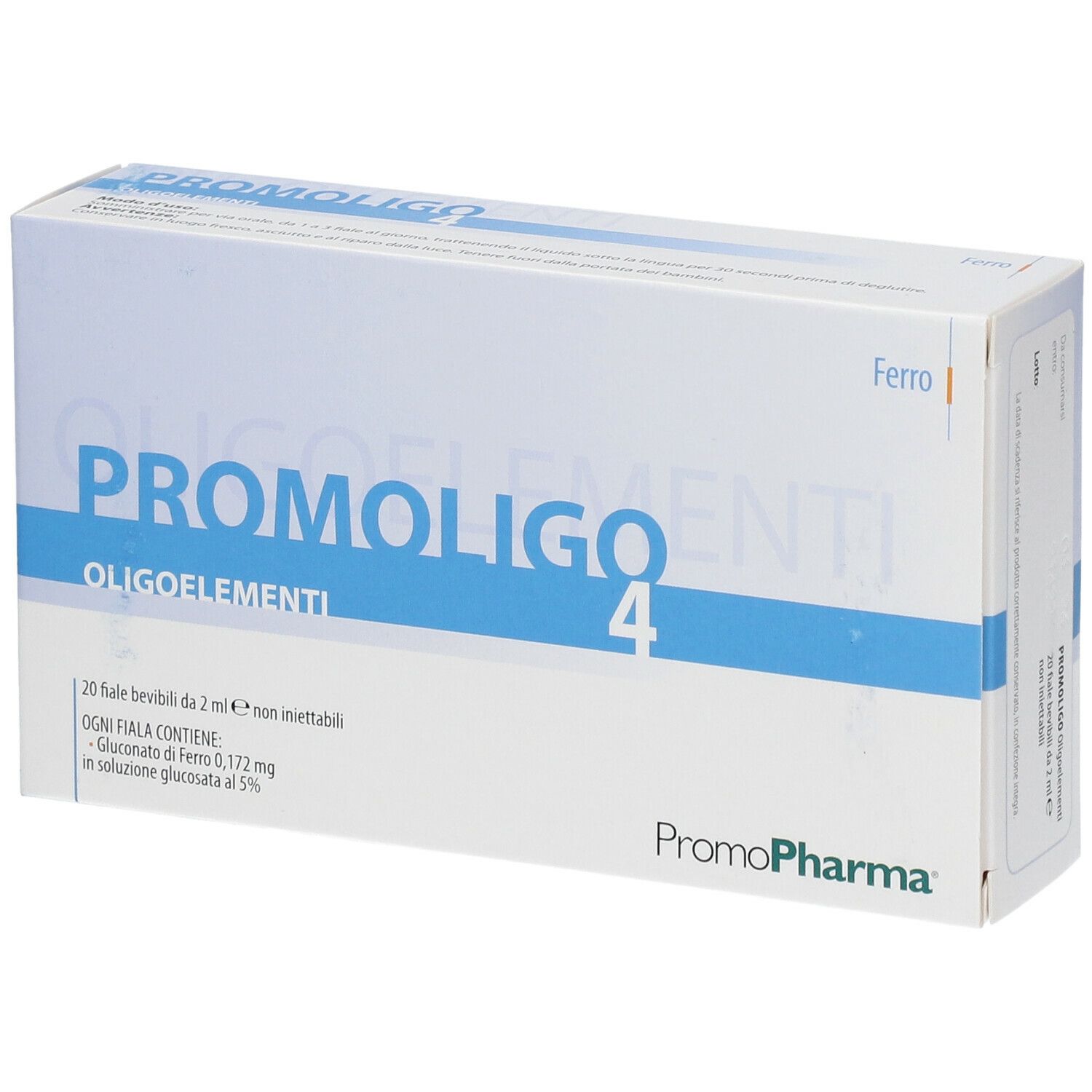 Confezione di PROMOLIGO 4. Scatola bianca con testo blu. Contiene 20 fiale bevibili. Marchio PromoPharma.