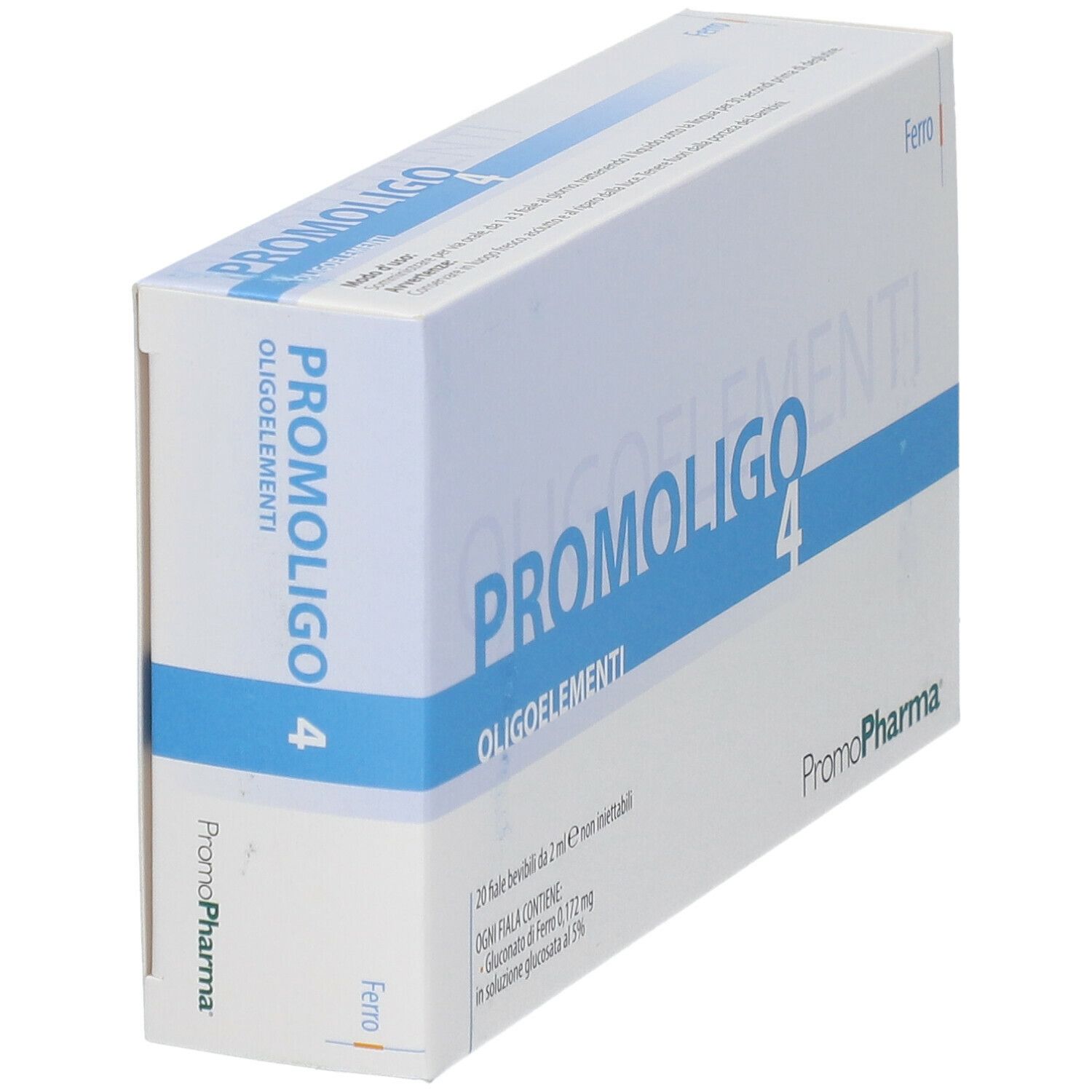 Confezione PROMOLIGO 4 in diagonale. Scatola bianca con testo blu. Marchio PromoPharma. Contiene 20 fiale bevibili.