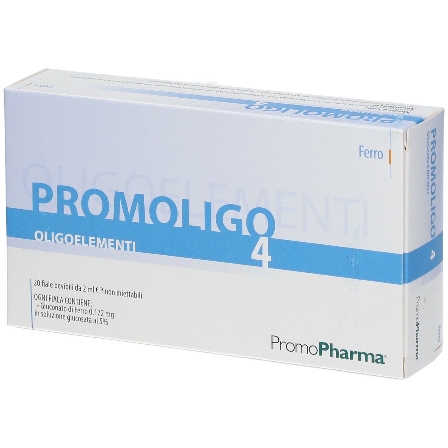 Confezione PROMOLIGO 4. Scatola bianca con testo blu. Contiene 20 fiale bevibili. Marchio PromoPharma.
