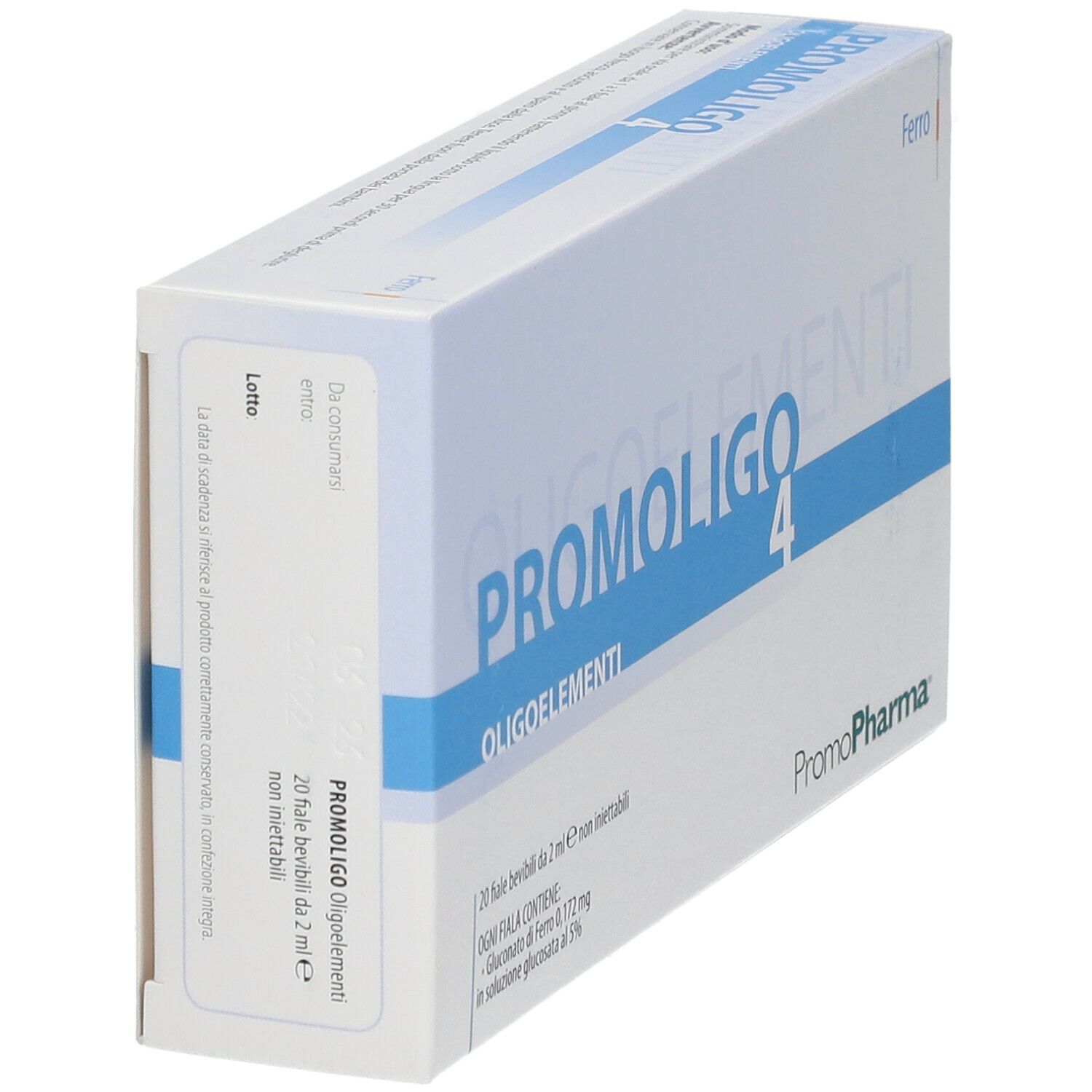 Confezione PROMOLIGO 4 in diagonale. Scatola bianca con testo blu. Contiene 20 fiale bevibili. Marchio PromoPharma.