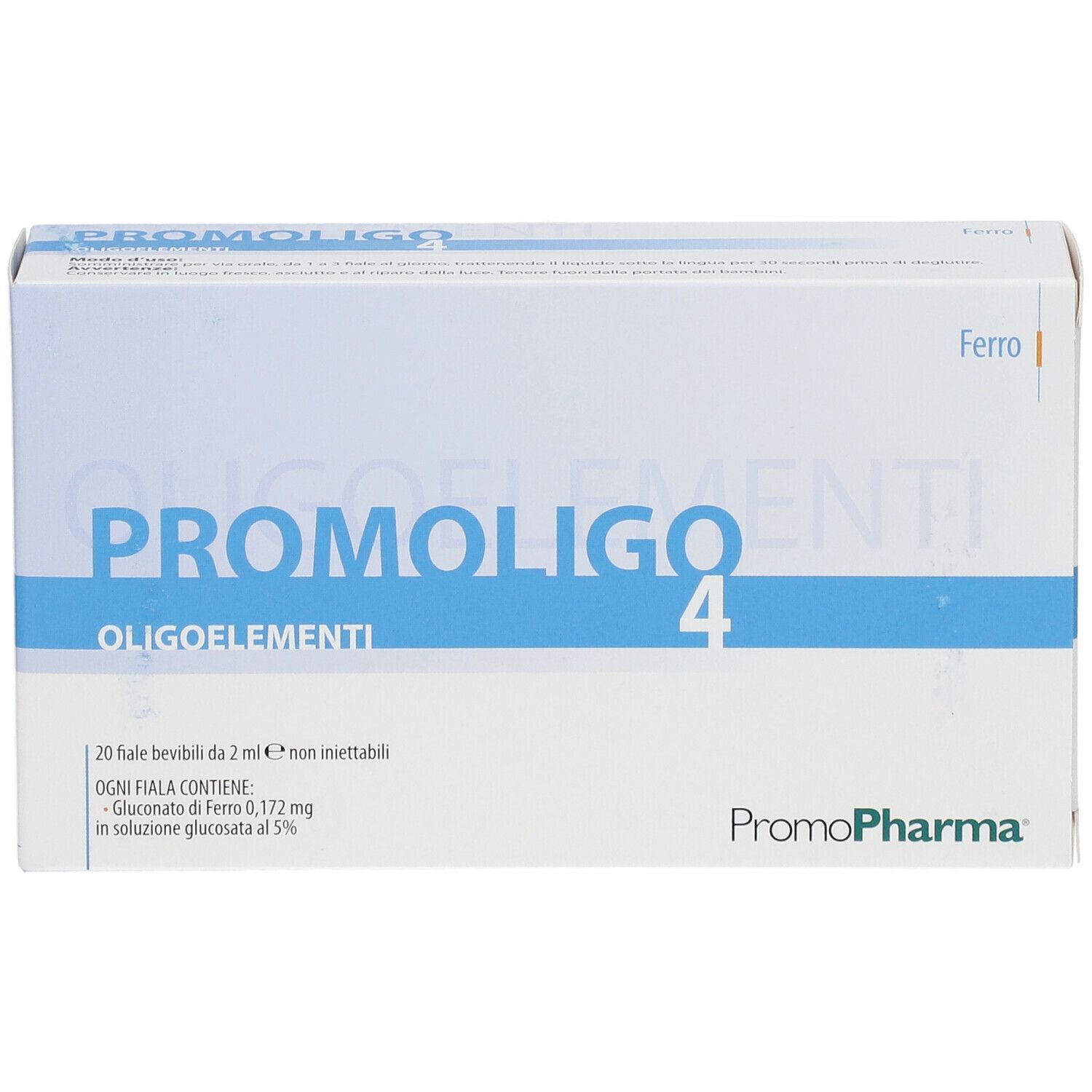 Confezione PROMOLIGO 4. Scatola bianca con testo blu. Contiene 20 fiale bevibili. Marchio PromoPharma.