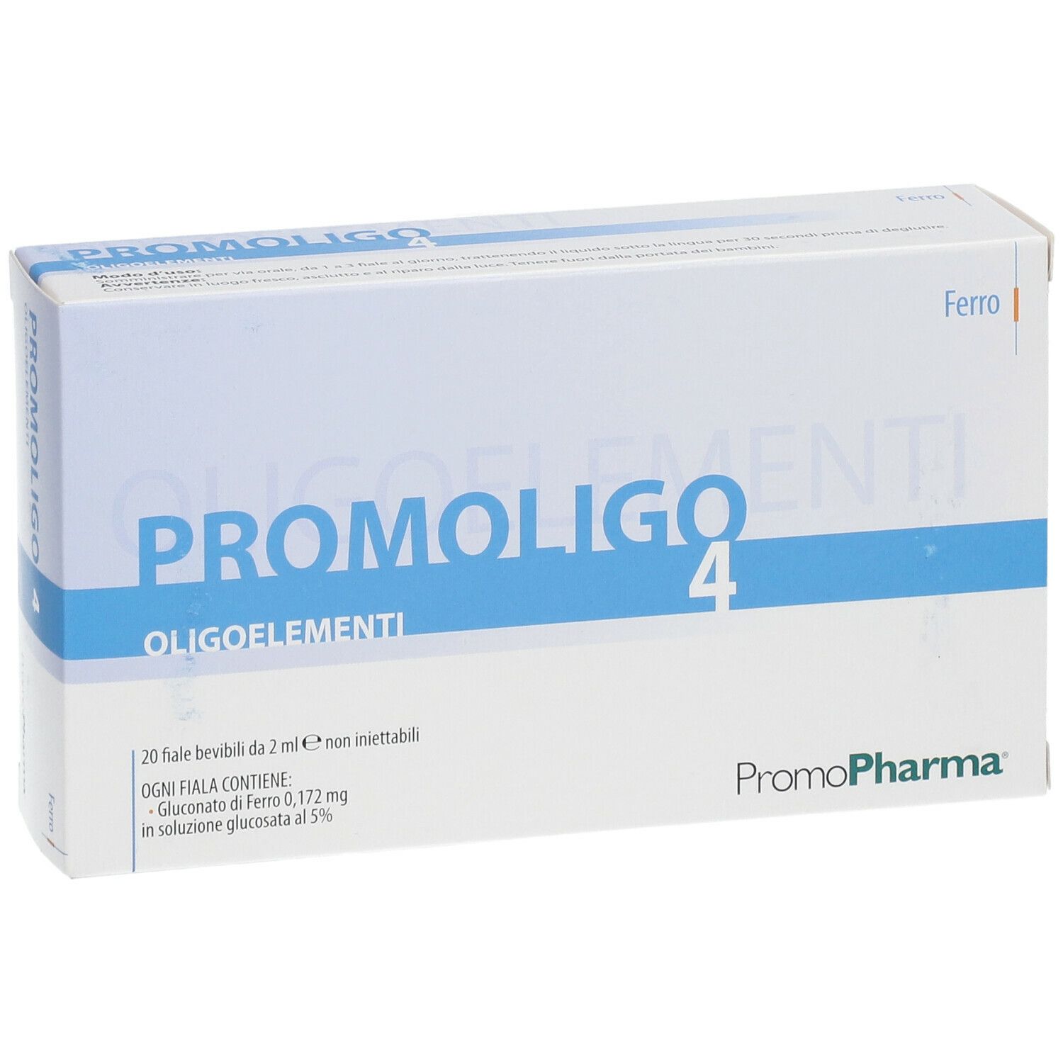 Confezione PROMOLIGO 4. Scatola bianca con testo blu. Contiene 20 fiale bevibili. Marchio PromoPharma.