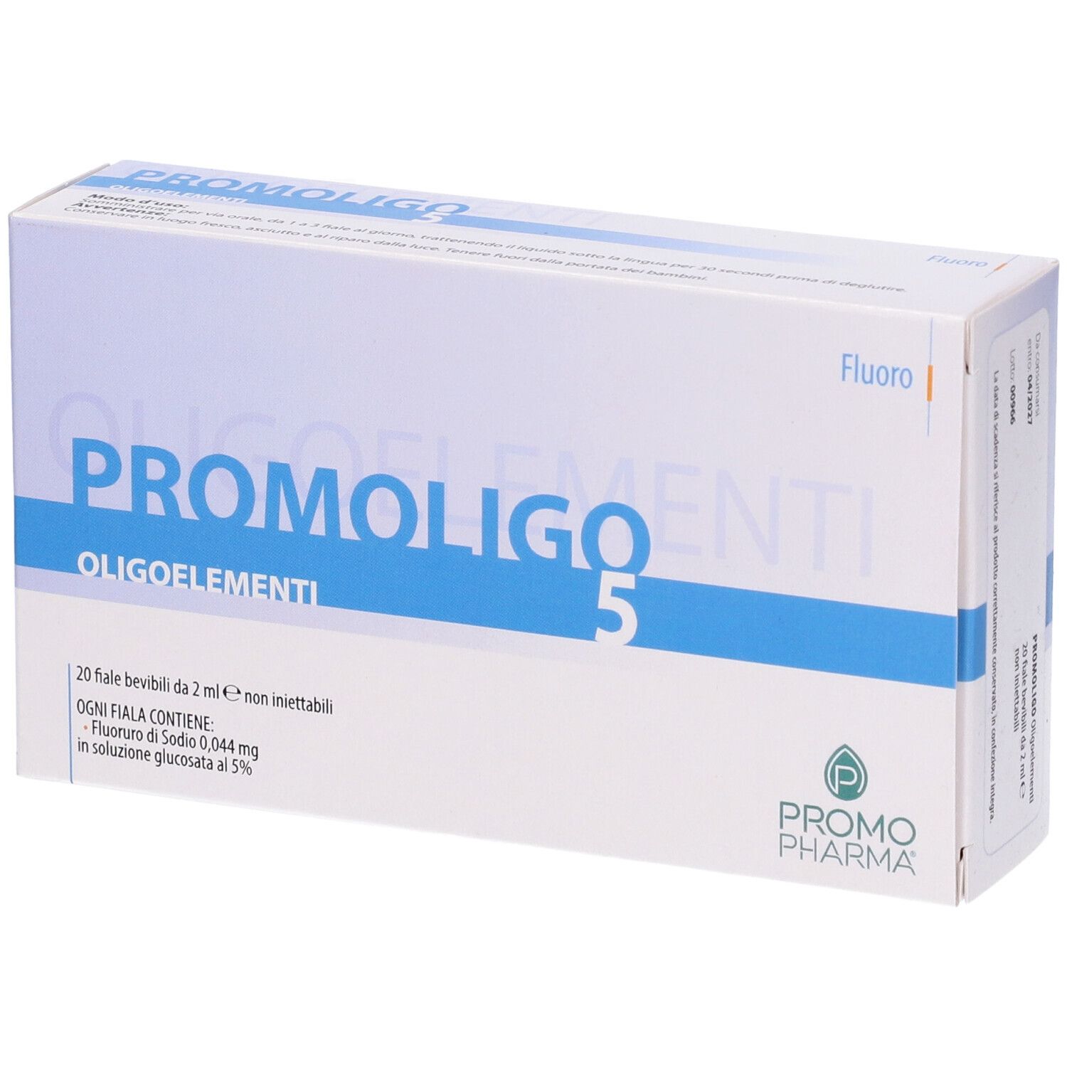 Confezione di PROMOLIGO 5 Oligoelementi. Scatola bianca con linea blu e nome del prodotto. Logo PromoPharma.