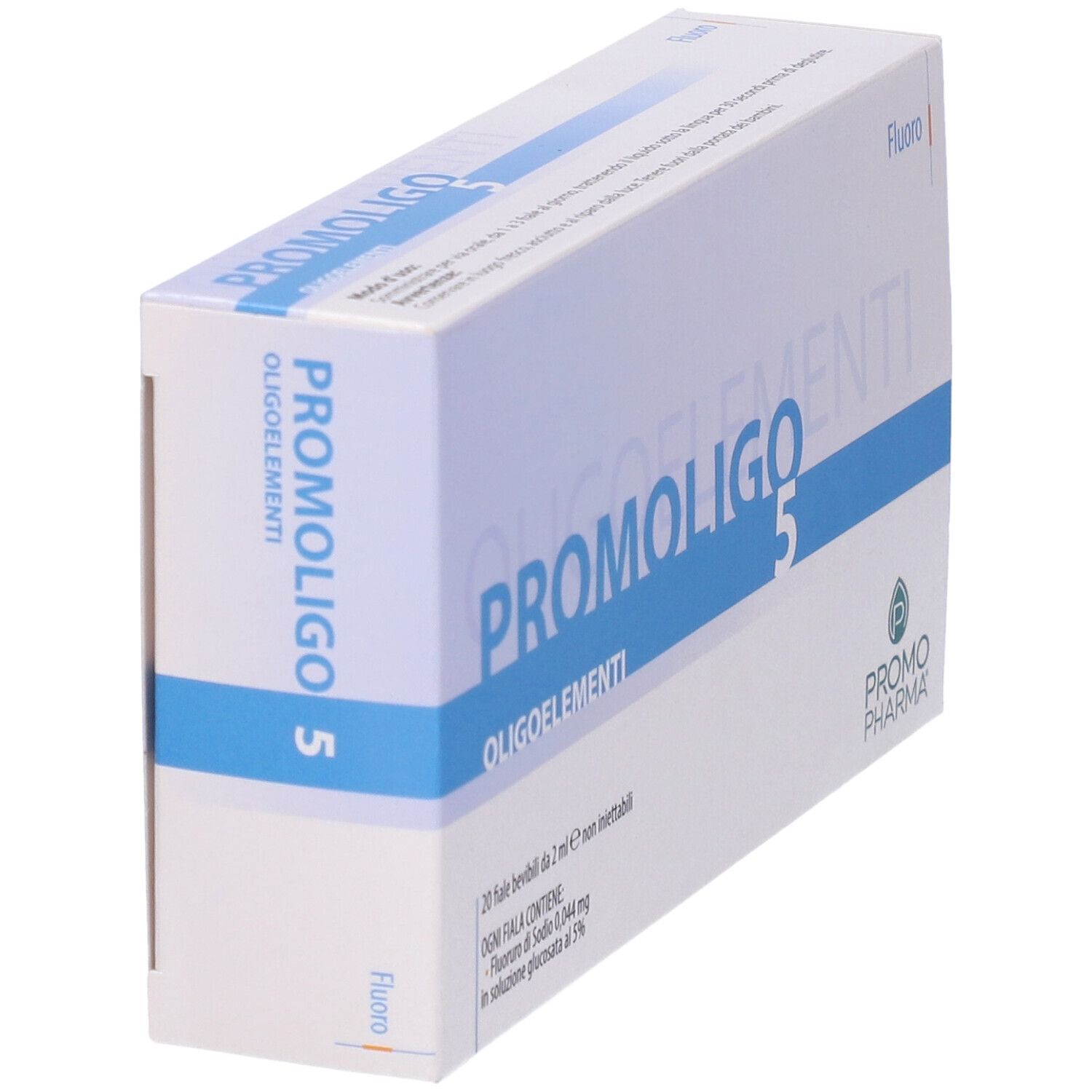 Confezione PROMOLIGO 5 Oligoelementi, angolata. Scatola bianca con linea blu e nome del prodotto. Logo PromoPharma.