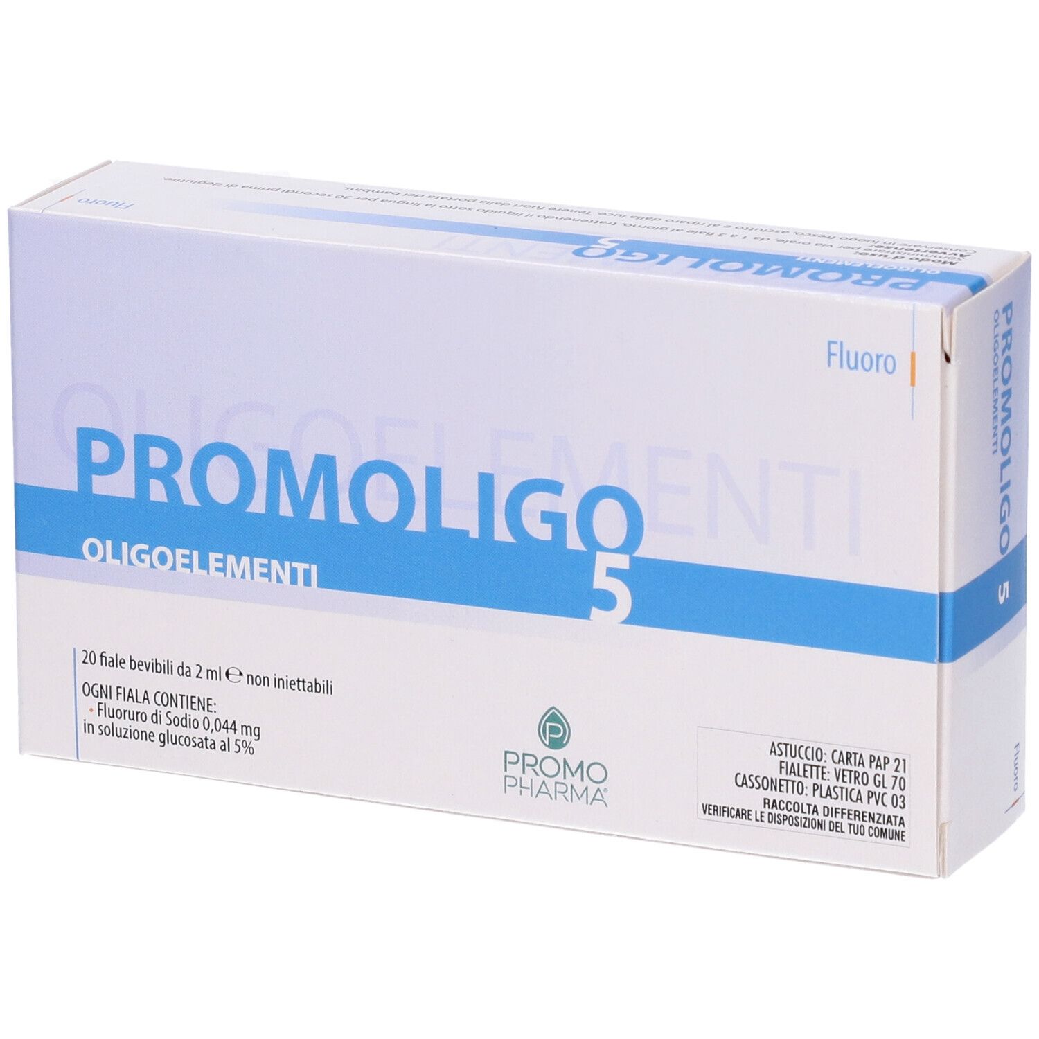 Confezione PROMOLIGO 5 Oligoelementi. Scatola bianca con linea blu e nome del prodotto. Logo PromoPharma. Testo sugli ingredienti.