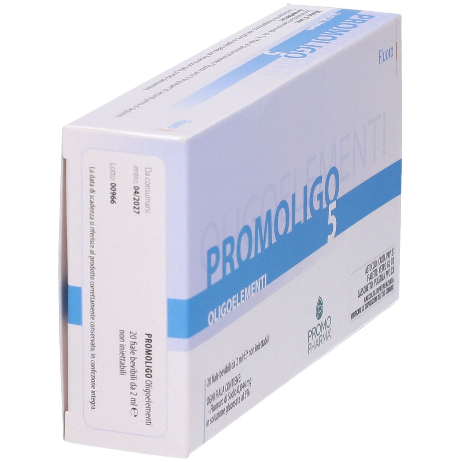 Confezione PROMOLIGO 5 Oligoelementi angolata. Scatola bianca con linea blu e nome del prodotto. Logo PromoPharma. Scadenza.