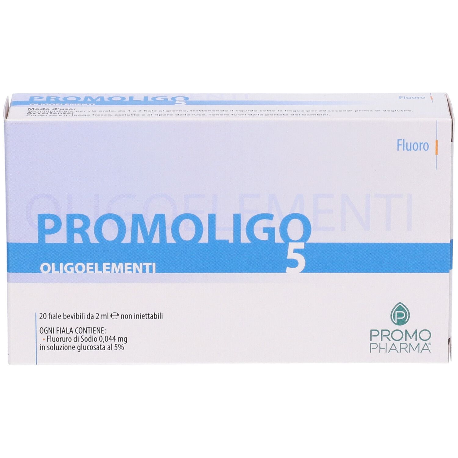 Confezione PROMOLIGO 5 Oligoelementi. Scatola bianca con linea blu e nome del prodotto. Logo PromoPharma. Testo sugli ingredienti.
