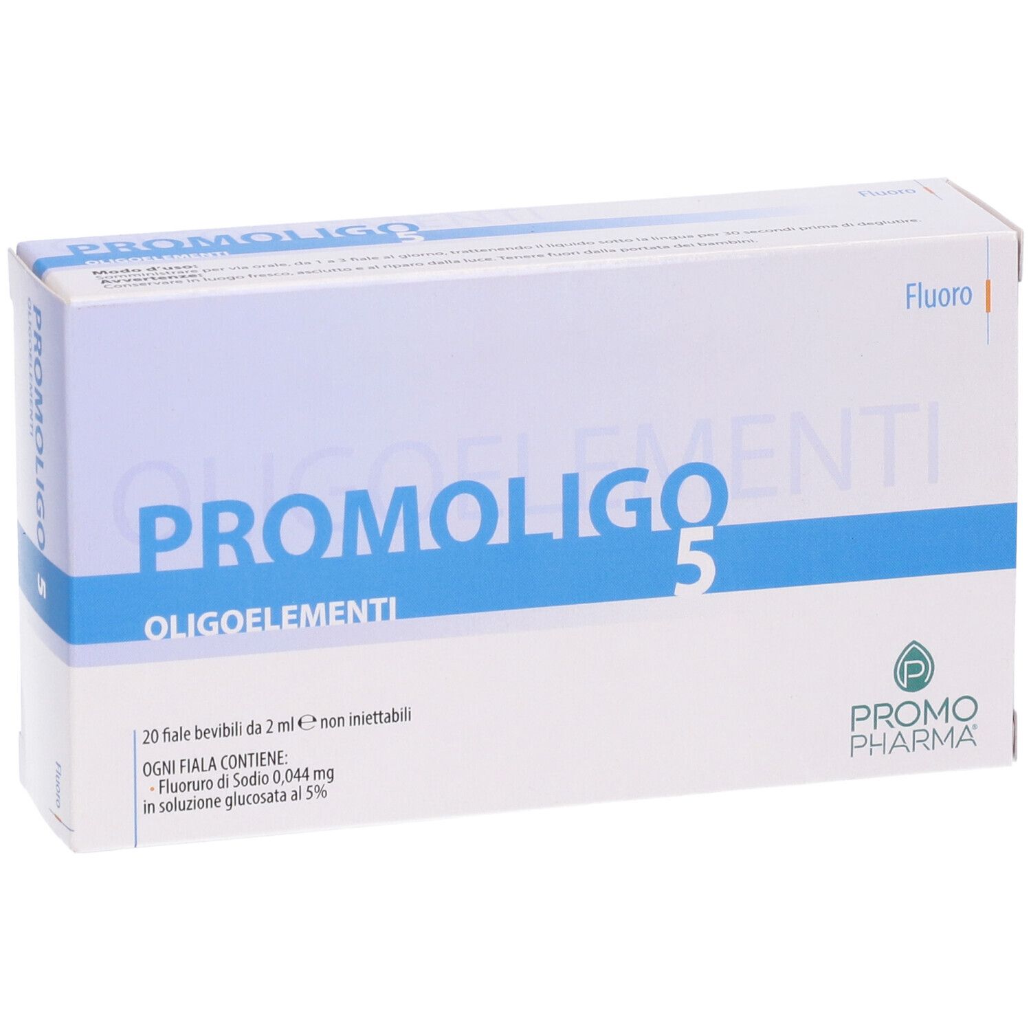 Confezione PROMOLIGO 5 Oligoelementi. Scatola bianca con linea blu e nome del prodotto. Logo PromoPharma. Testo sugli ingredienti.
