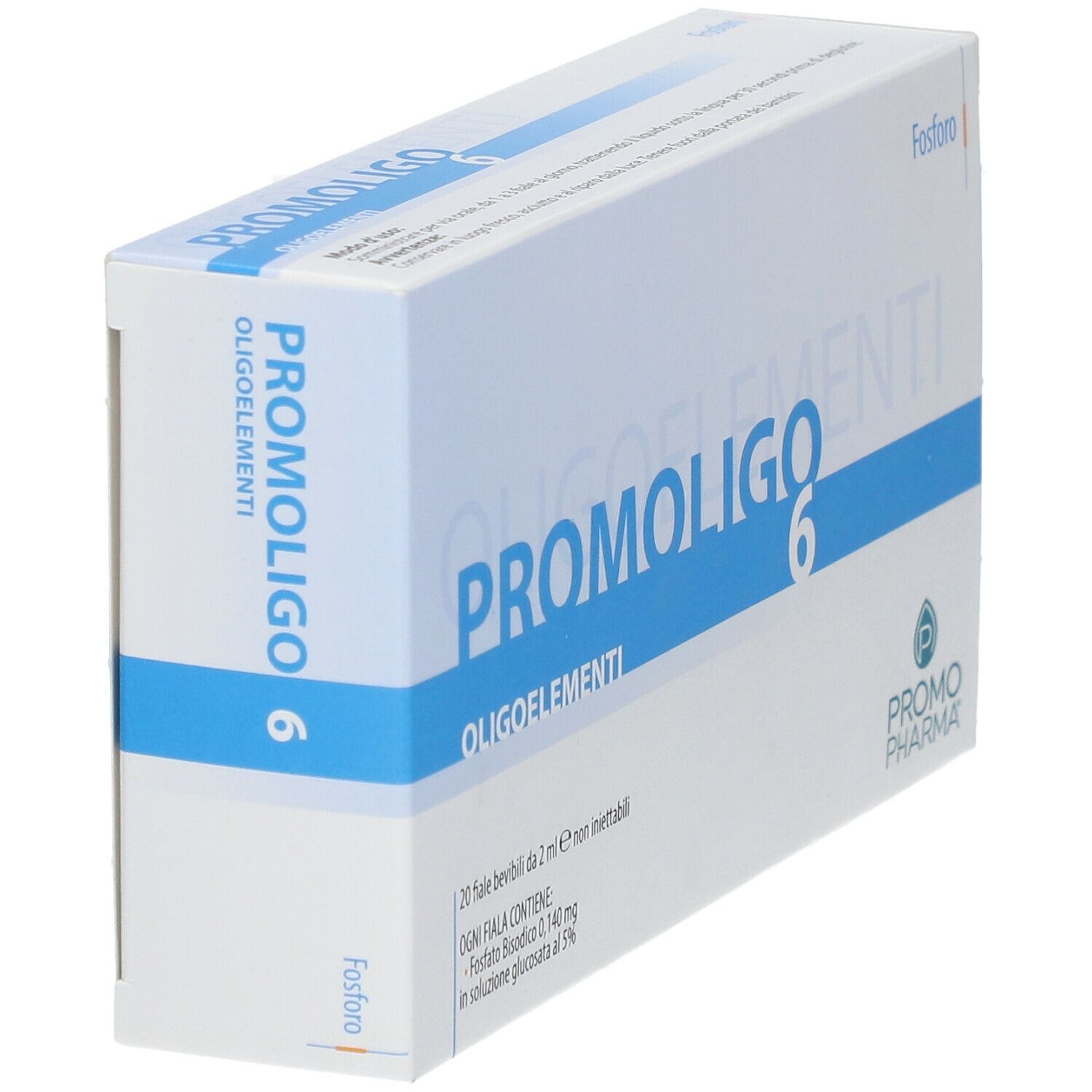 Scatola bianca con scritta blu PROMOLIGO 6 OLIGOELEMENTI. Contiene 20 fiale bevibili. Marchio PromoPharma.