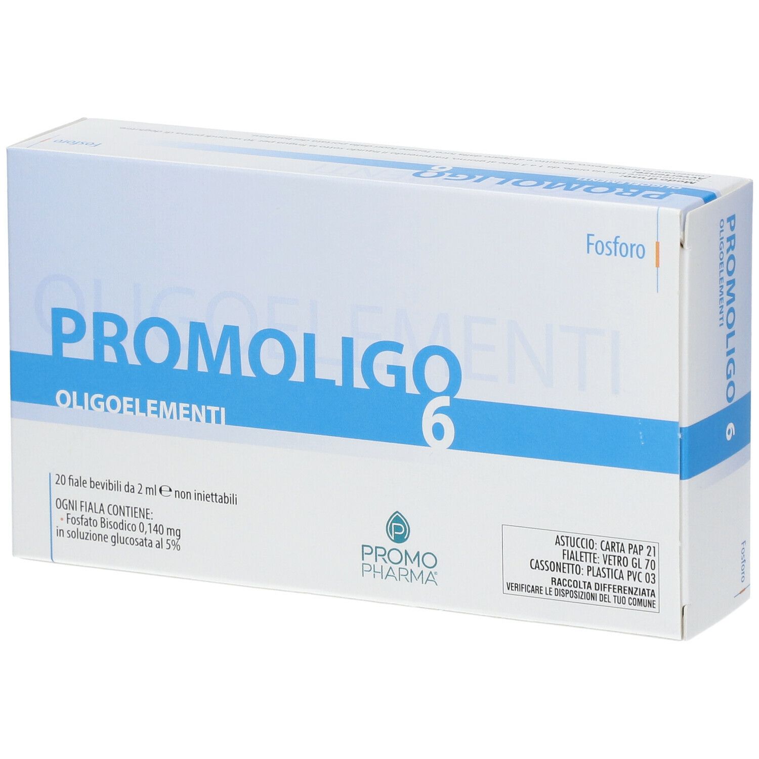 Scatola bianca con scritta blu PROMOLIGO 6 OLIGOELEMENTI. Contiene 20 fiale bevibili. Marchio PromoPharma.