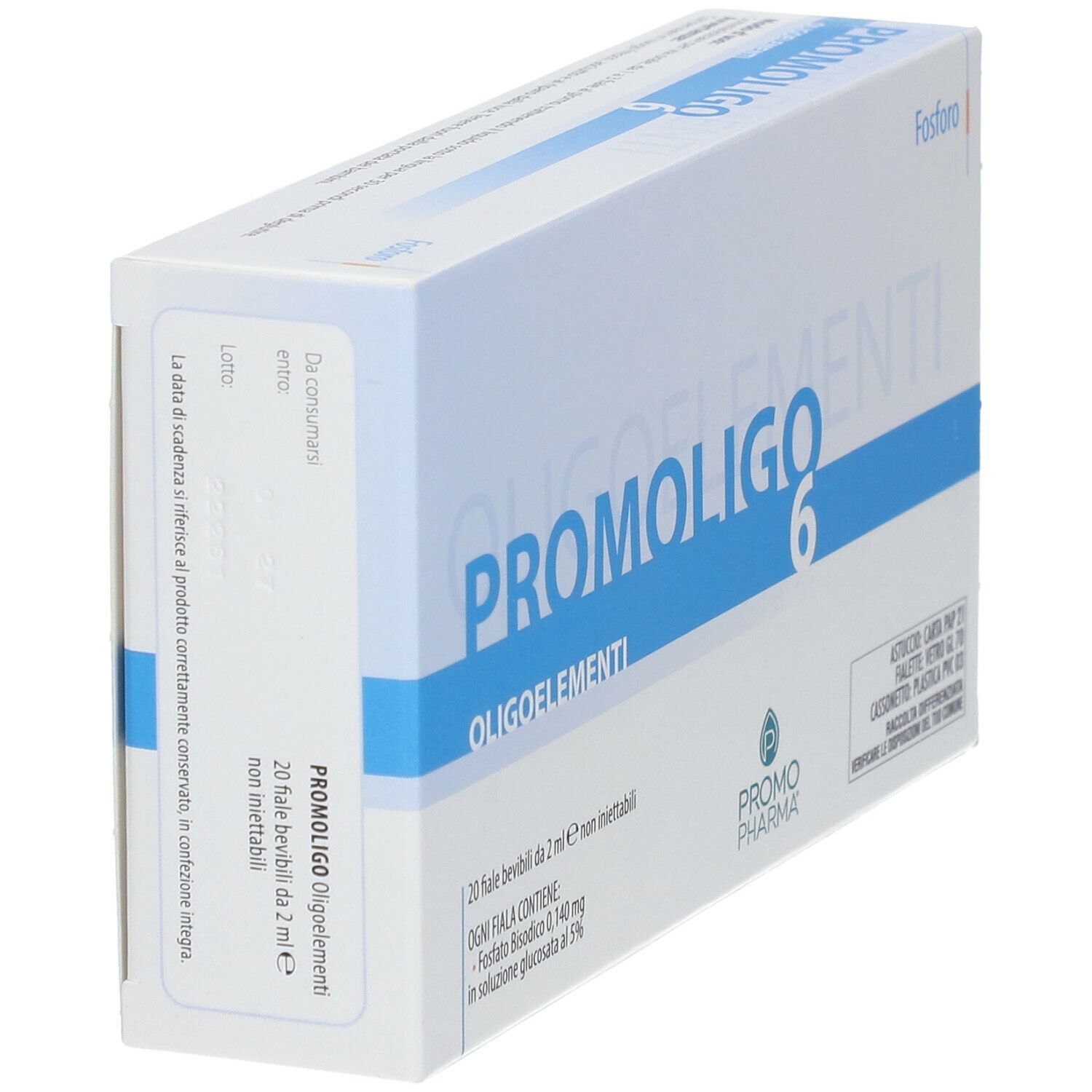 Scatola bianca con scritta blu PROMOLIGO 6 OLIGOELEMENTI. Contiene 20 fiale bevibili. Marchio PromoPharma.