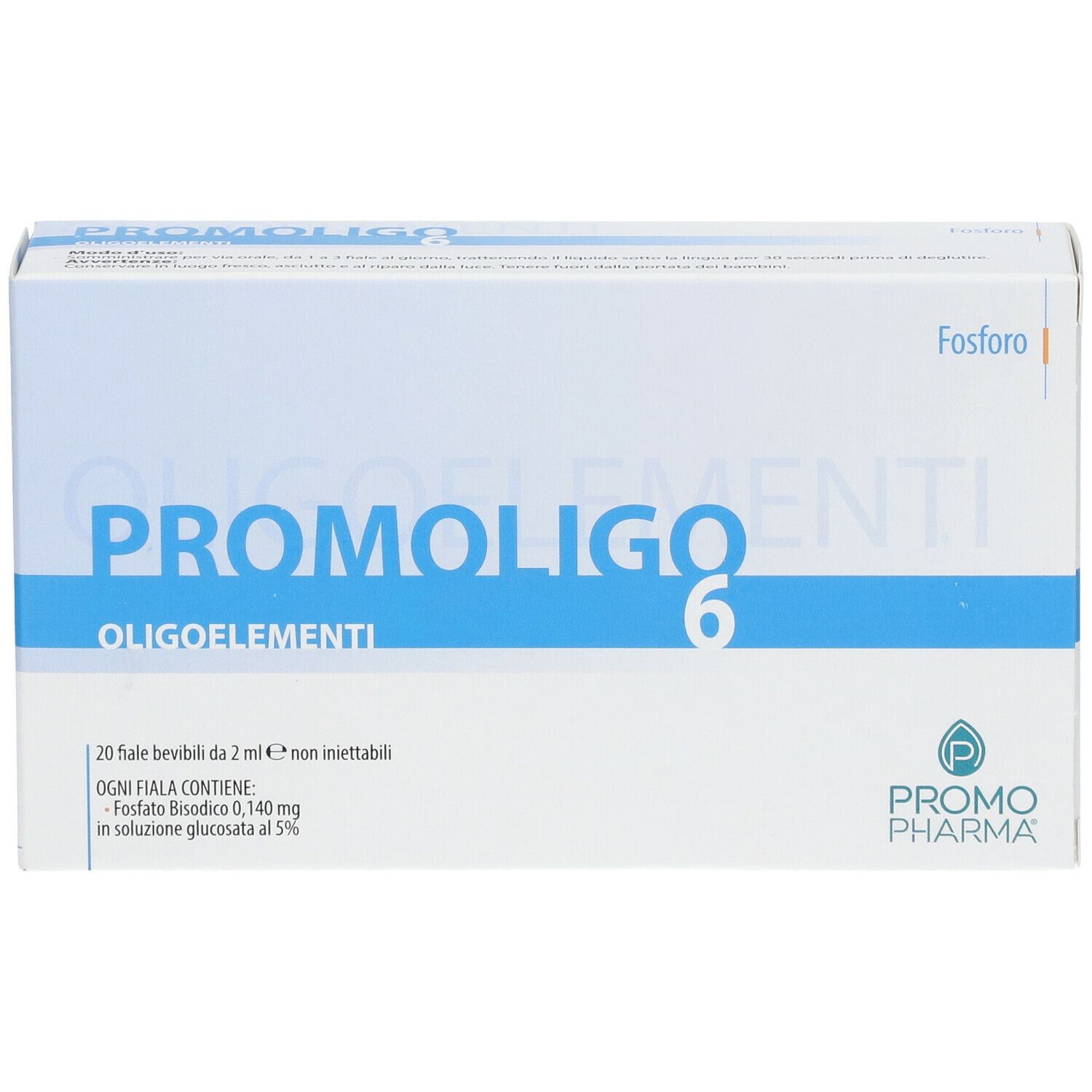 Scatola bianca con scritta blu PROMOLIGO 6 OLIGOELEMENTI. Contiene 20 fiale bevibili. Marchio PromoPharma.