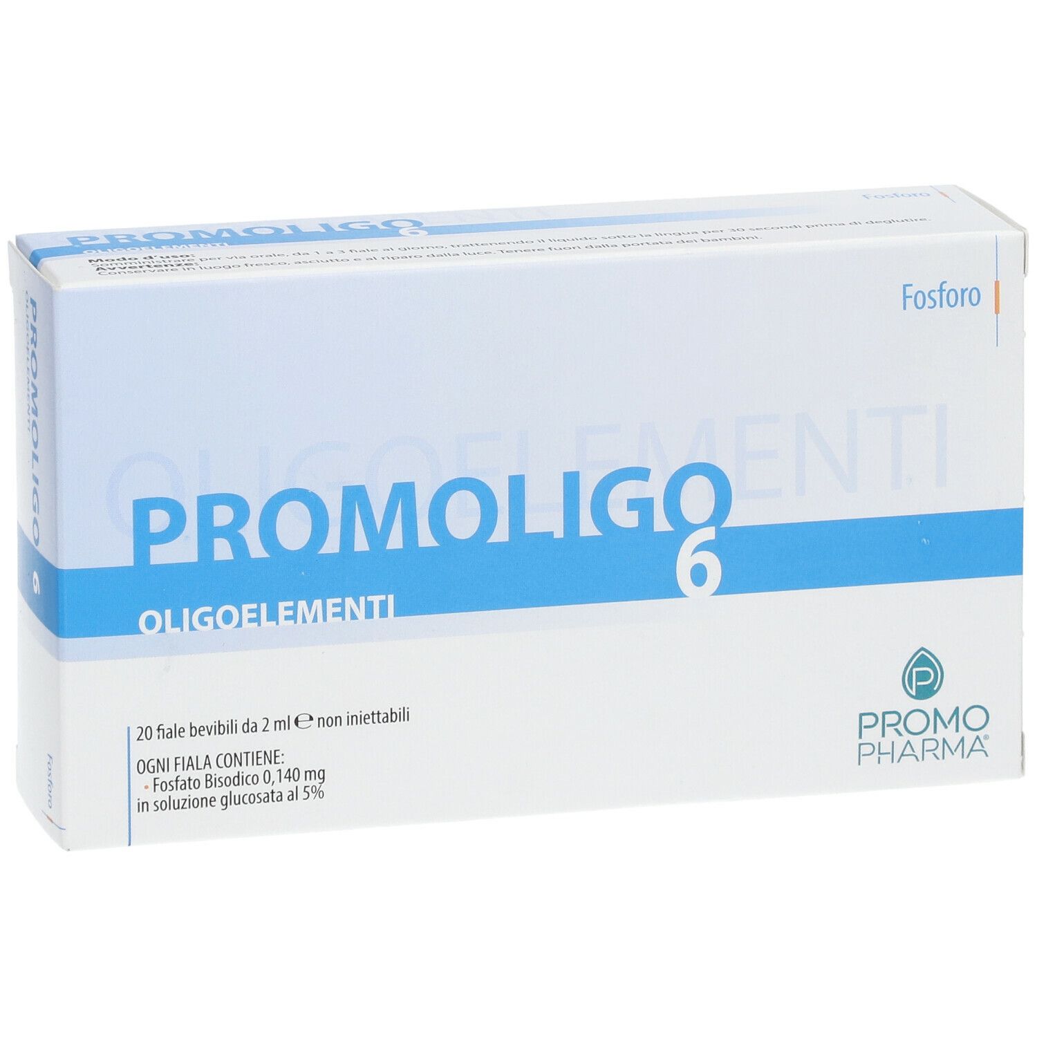 Scatola bianca con scritta blu PROMOLIGO 6 OLIGOELEMENTI. Contiene 20 fiale bevibili. Marchio PromoPharma.