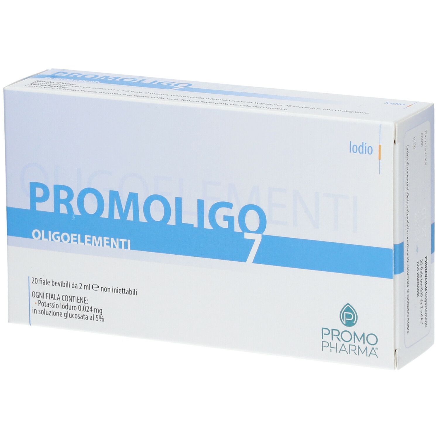 PromoPharma® PROMOLIGO 7 Iodio Oligoelementi. Scatola bianca con testo blu. Contiene 20 fiale bevibili.