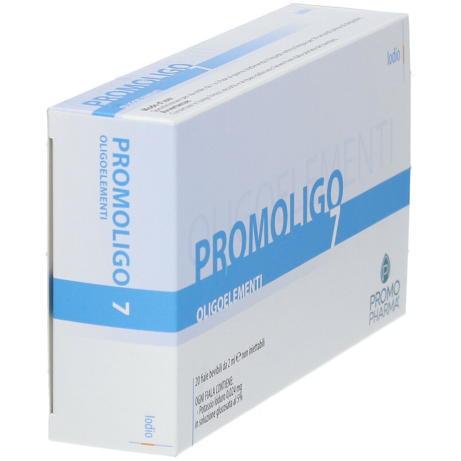 PromoPharma® PROMOLIGO 7 Iodio Oligoelementi. Scatola bianca, angolata. Testo blu. Logo PromoPharma.