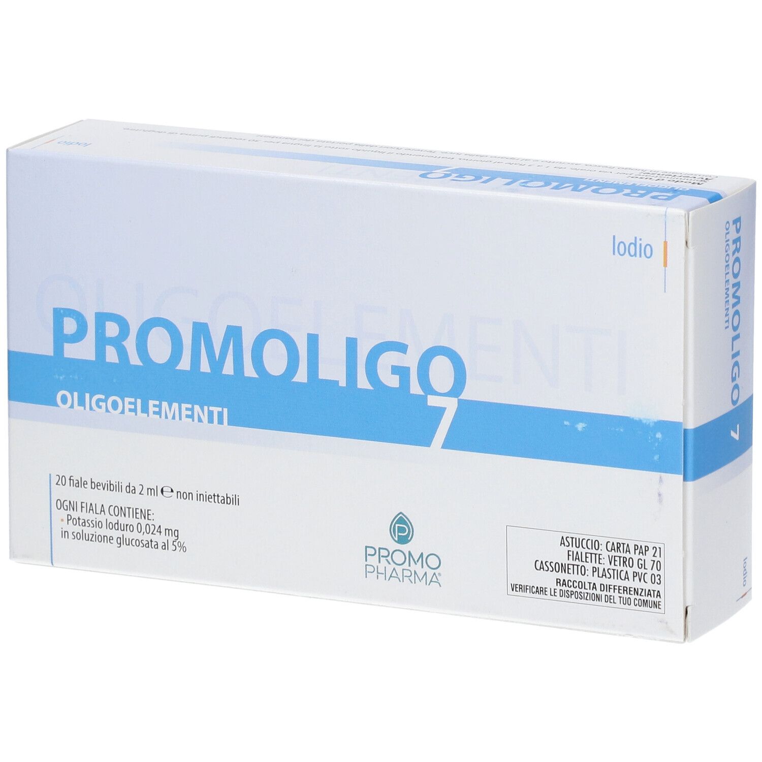 PromoPharma® PROMOLIGO 7 Iodio Oligoelementi. Scatola bianca con testo blu. Logo PromoPharma.