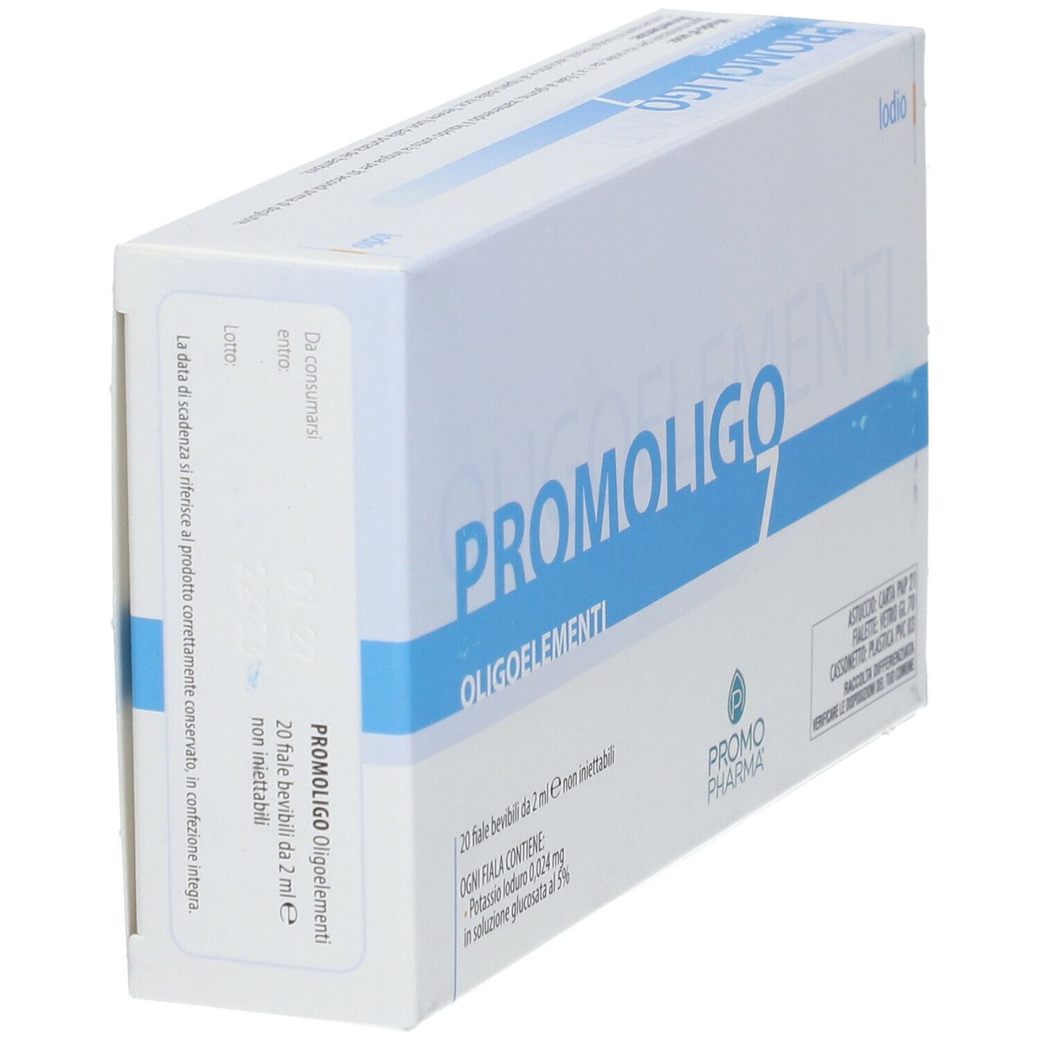 PromoPharma® PROMOLIGO 7 Iodio Oligoelementi. Scatola bianca, angolata. Testo blu. Logo PromoPharma.