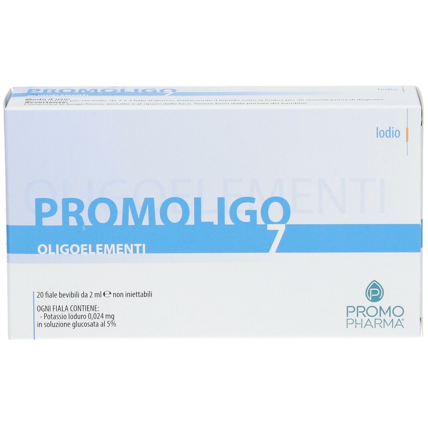 PromoPharma® PROMOLIGO 7 Iodio Oligoelementi. Scatola bianca con testo blu. Logo PromoPharma.