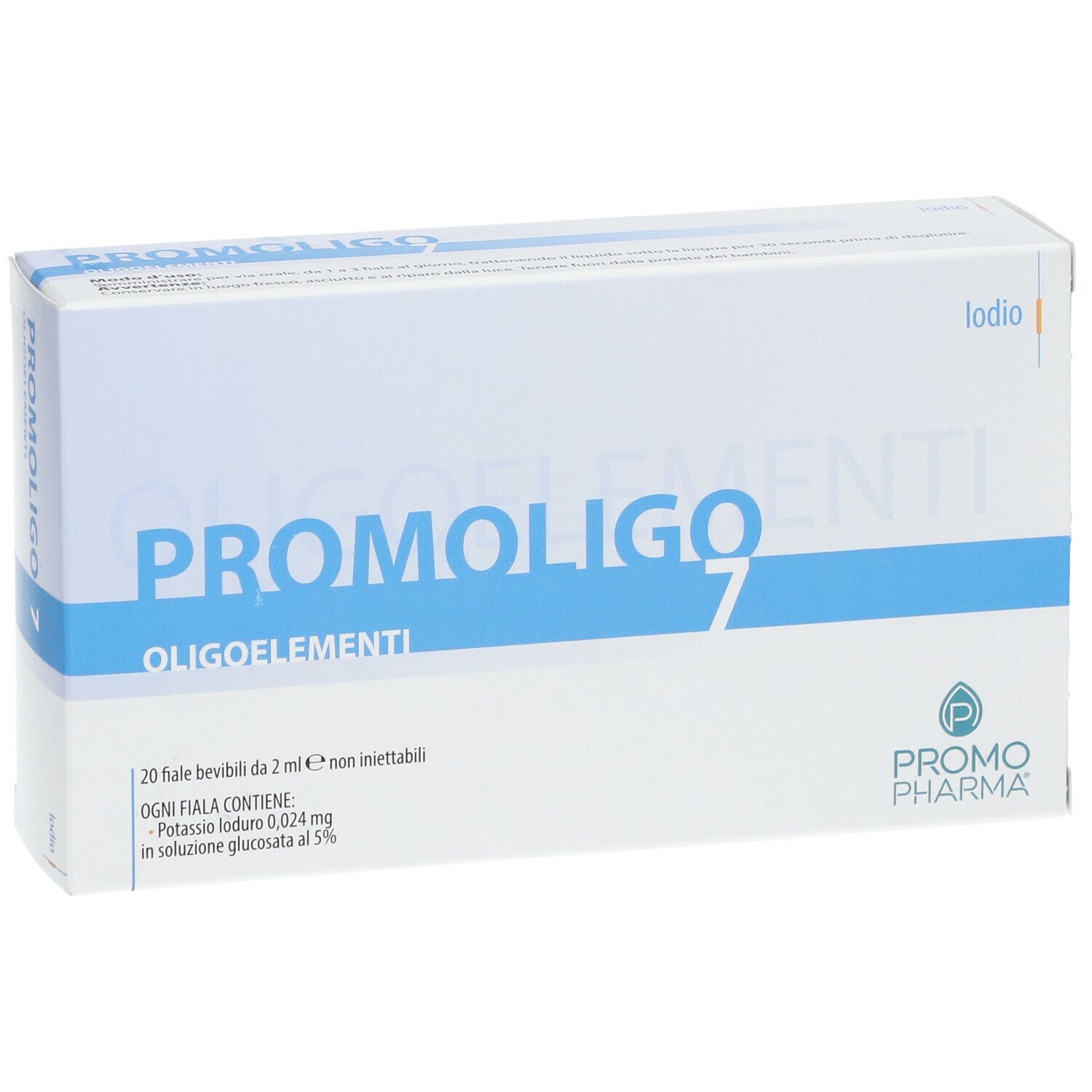 PromoPharma® PROMOLIGO 7 Iodio Oligoelementi. Scatola bianca con testo blu. Logo PromoPharma.