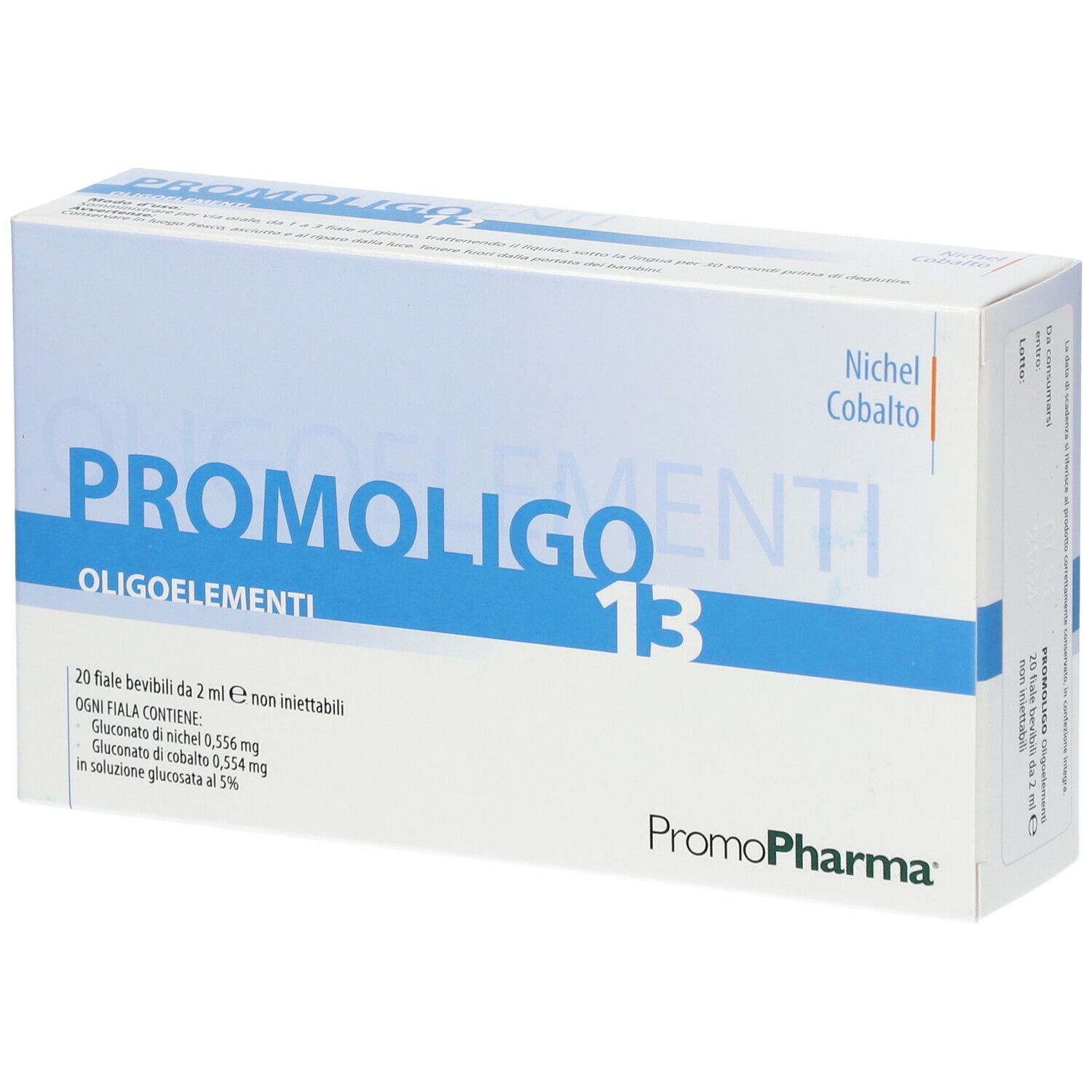 Confezione di PROMOLIGO 13 Oligoelementi. Contiene 20 fiale bevibili. Marchio PromoPharma.