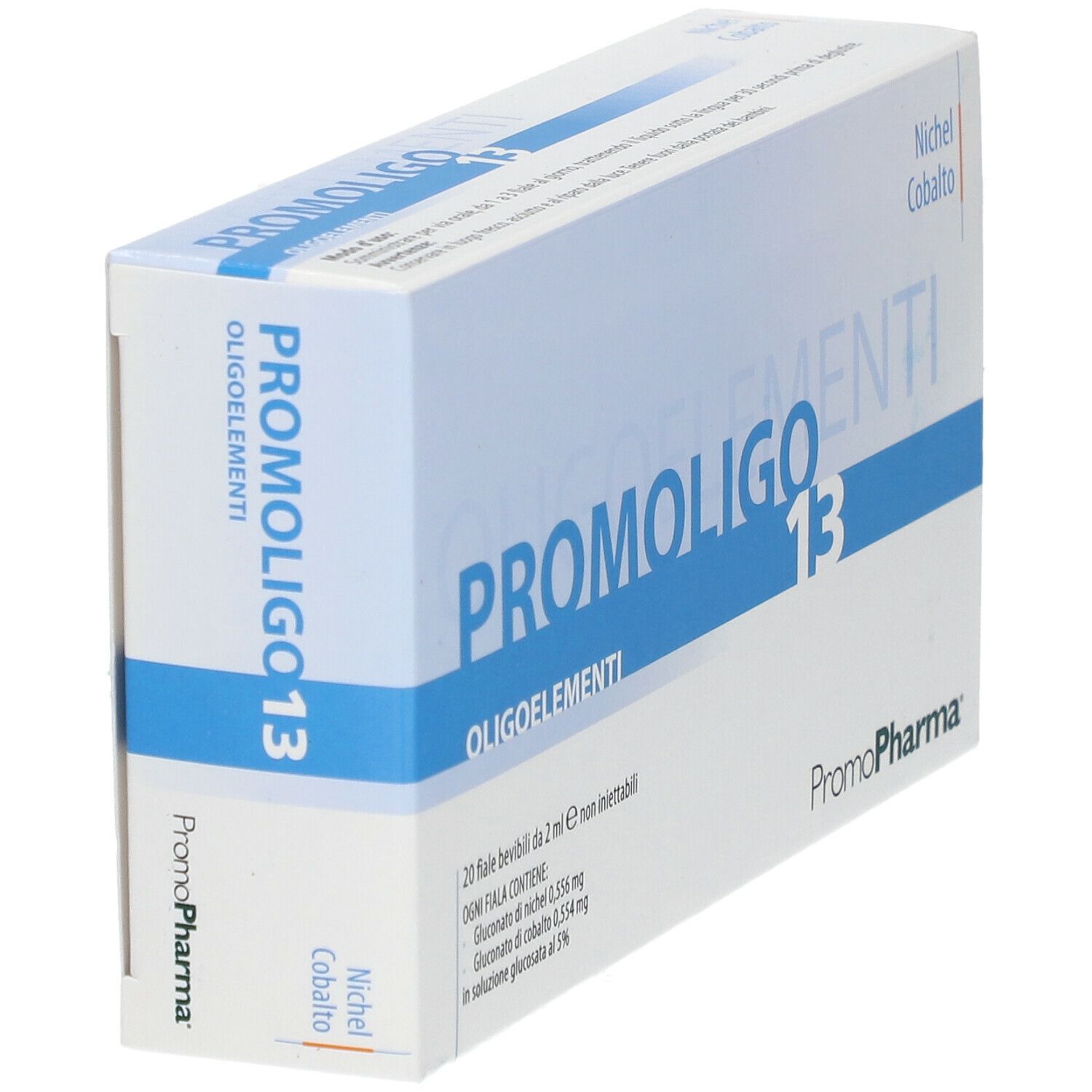 Confezione angolata di PROMOLIGO 13 Oligoelementi. Marchio PromoPharma.