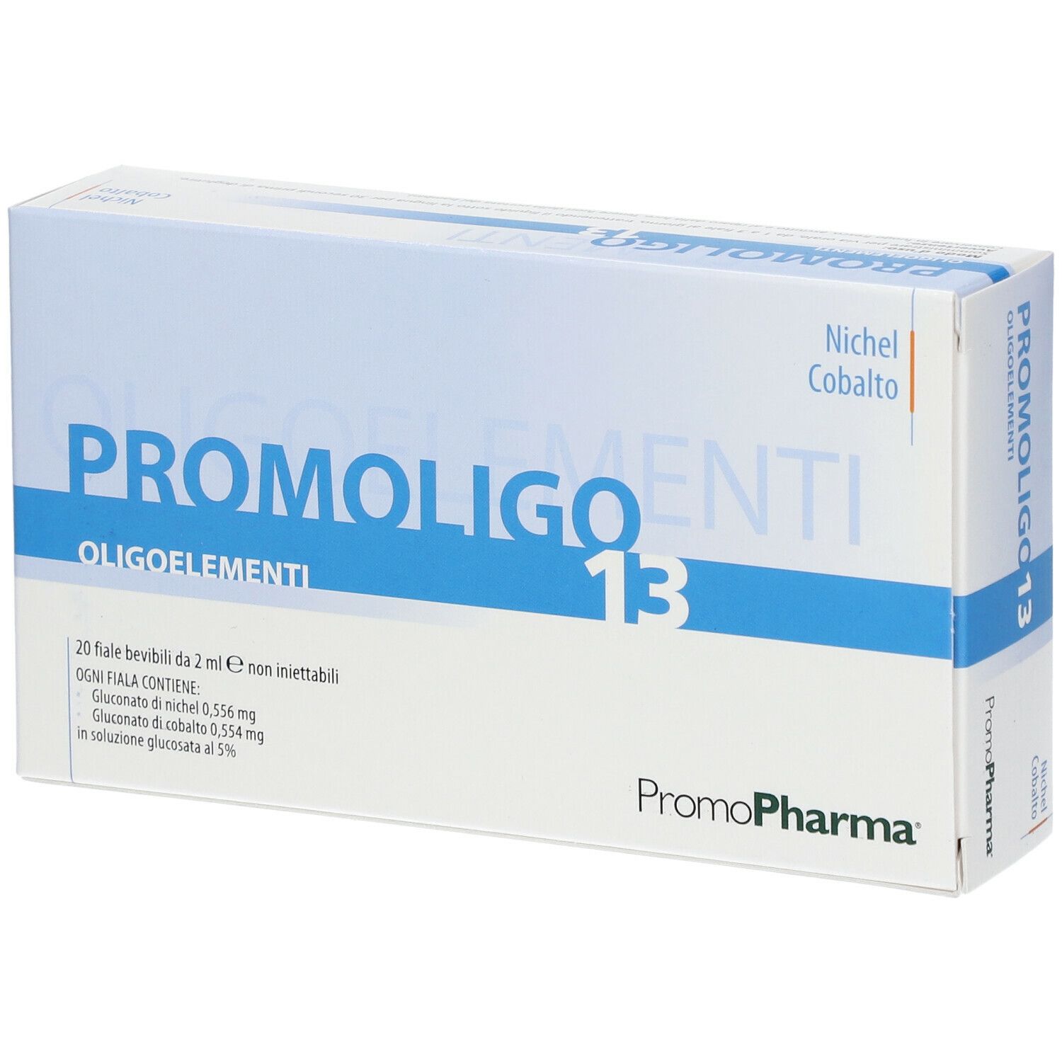 Confezione di PROMOLIGO 13 Oligoelementi. Contiene 20 fiale bevibili. Marchio PromoPharma.