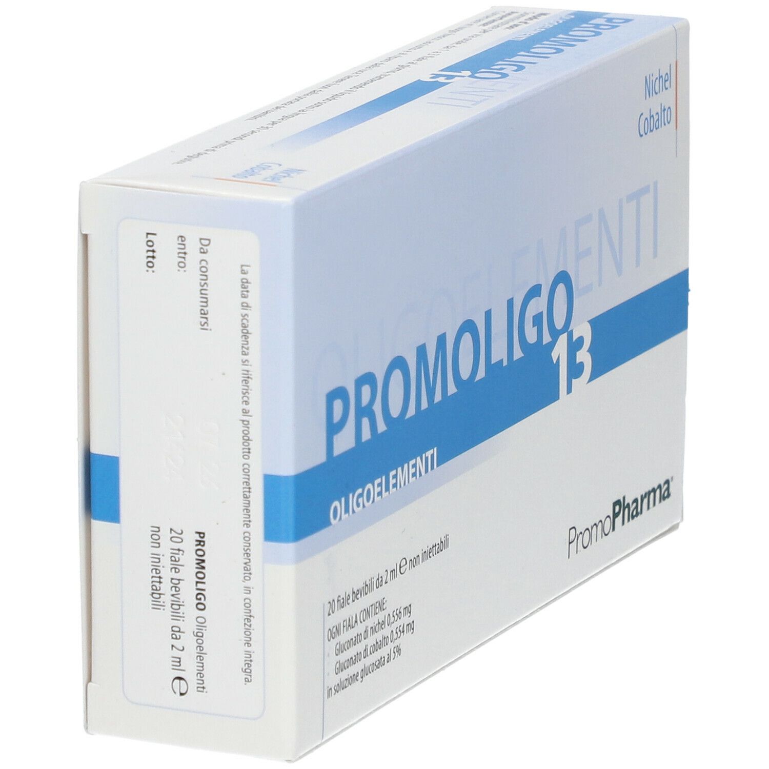 Confezione angolata di PROMOLIGO 13 Oligoelementi. Marchio PromoPharma.