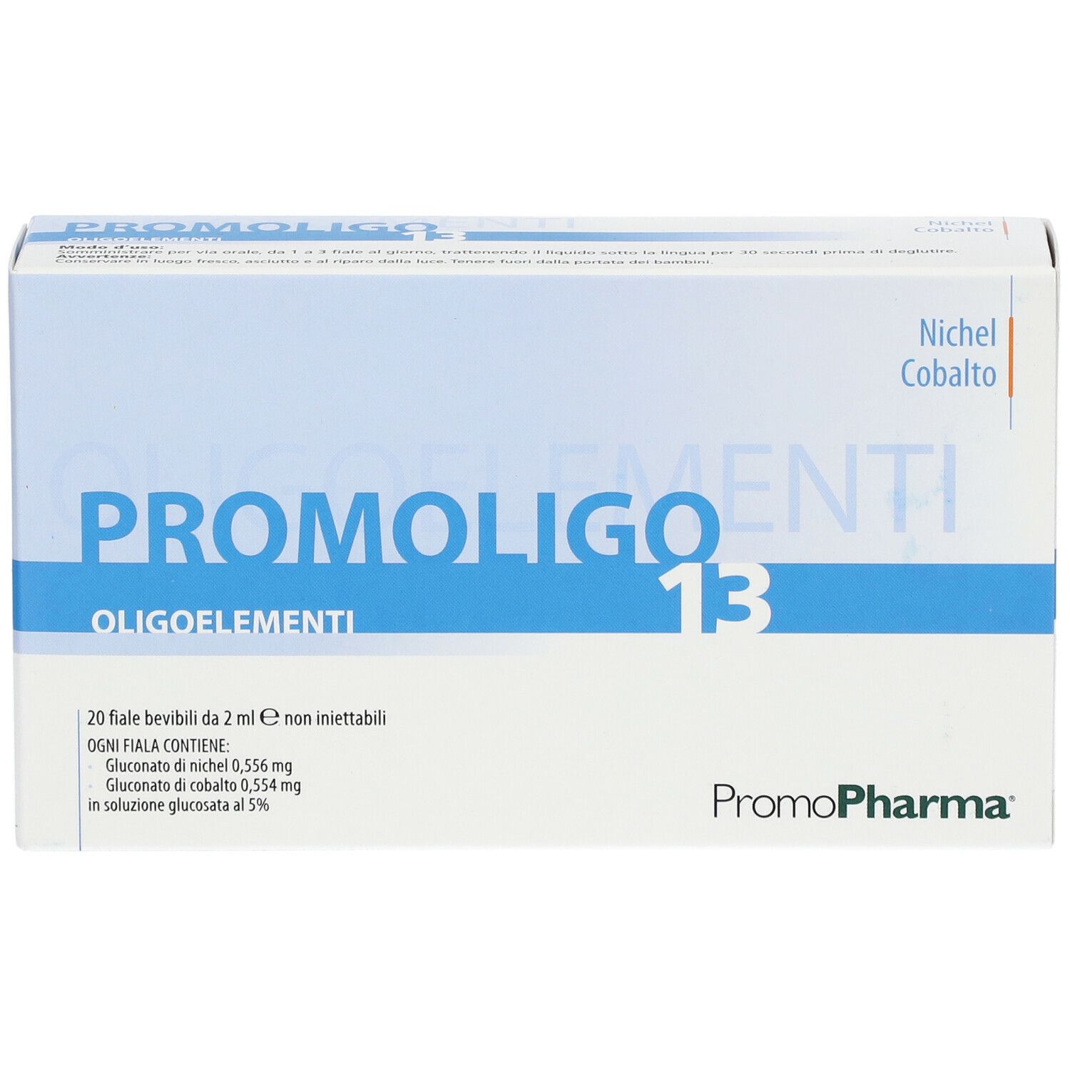 Confezione di PROMOLIGO 13 Oligoelementi. Contiene 20 fiale bevibili. Marchio PromoPharma.