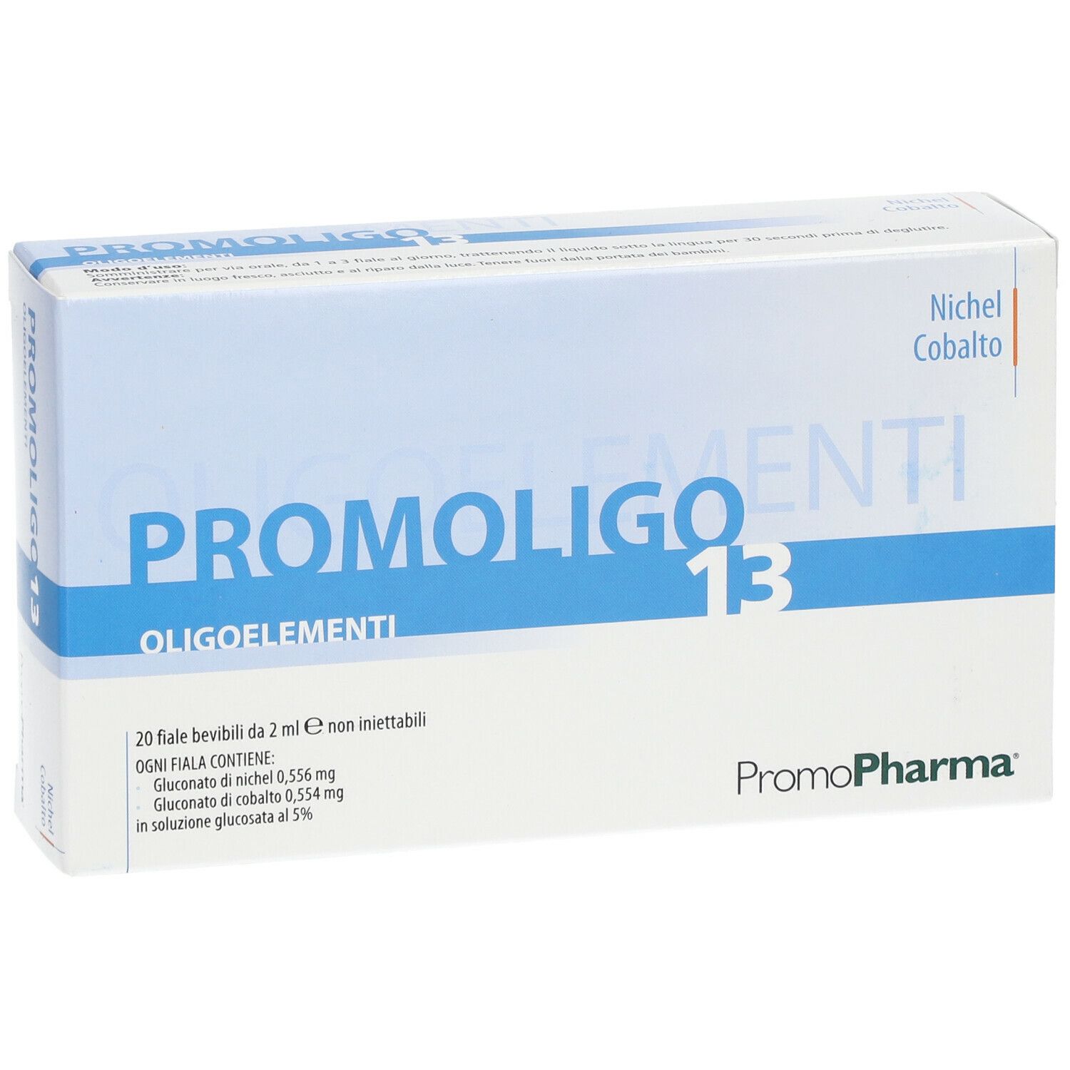 Confezione di PROMOLIGO 13 Oligoelementi. Contiene 20 fiale bevibili. Marchio PromoPharma.
