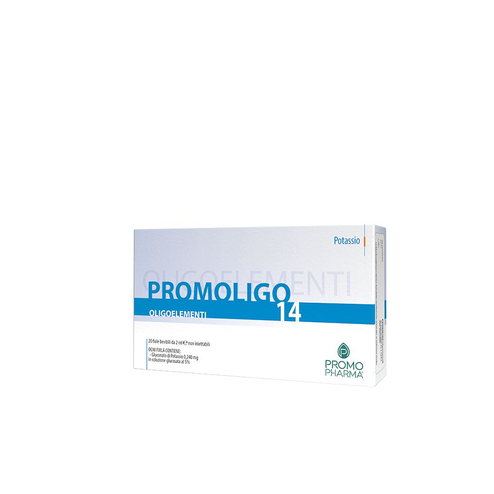 Scatola bianca con testo blu. Scritto: PROMOLIGO 14 Oligoelementi. Marchio: Promo Pharma. Contiene potassio.