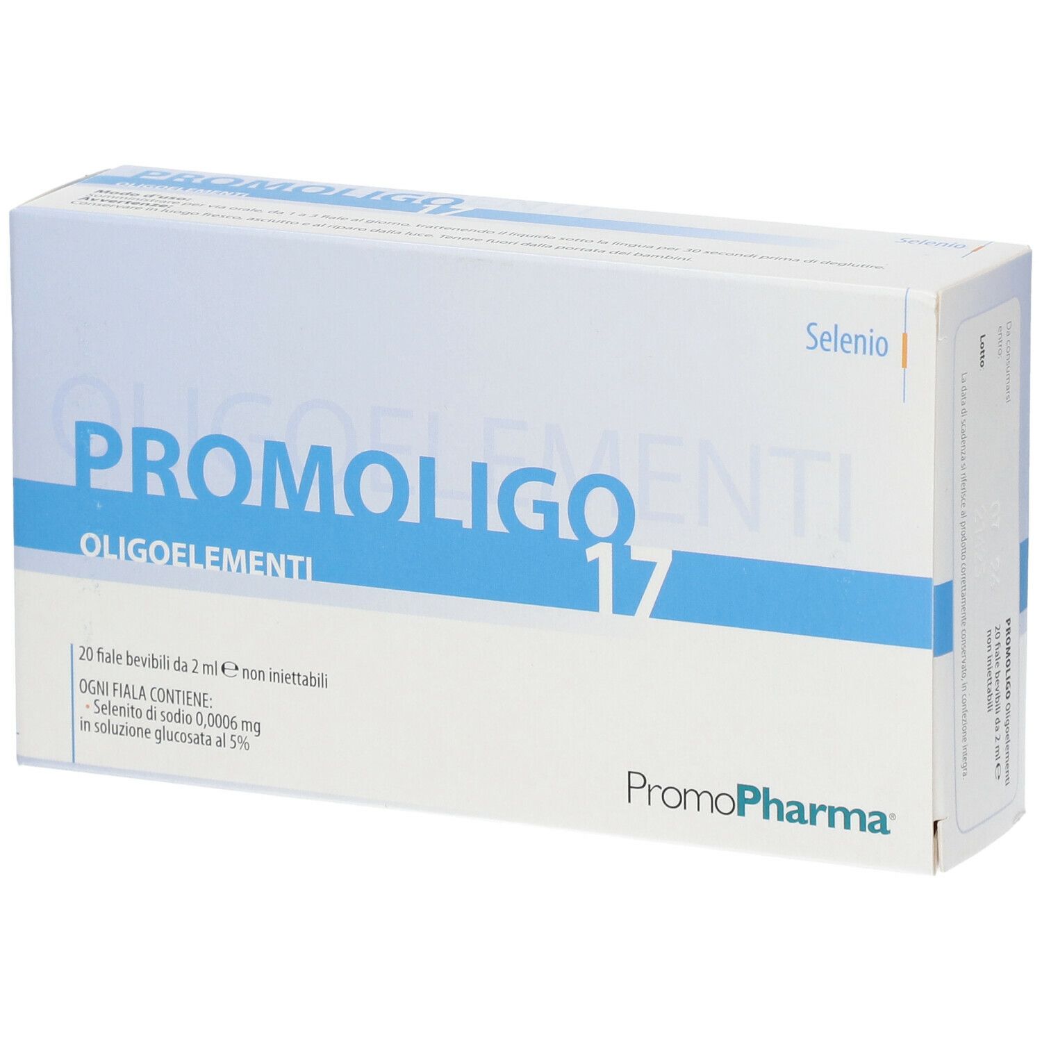 Scatola bianca con scritta blu PROMOLIGO 17 Oligoelementi. Contiene 20 fiale bevibili. Marchio PromoPharma.