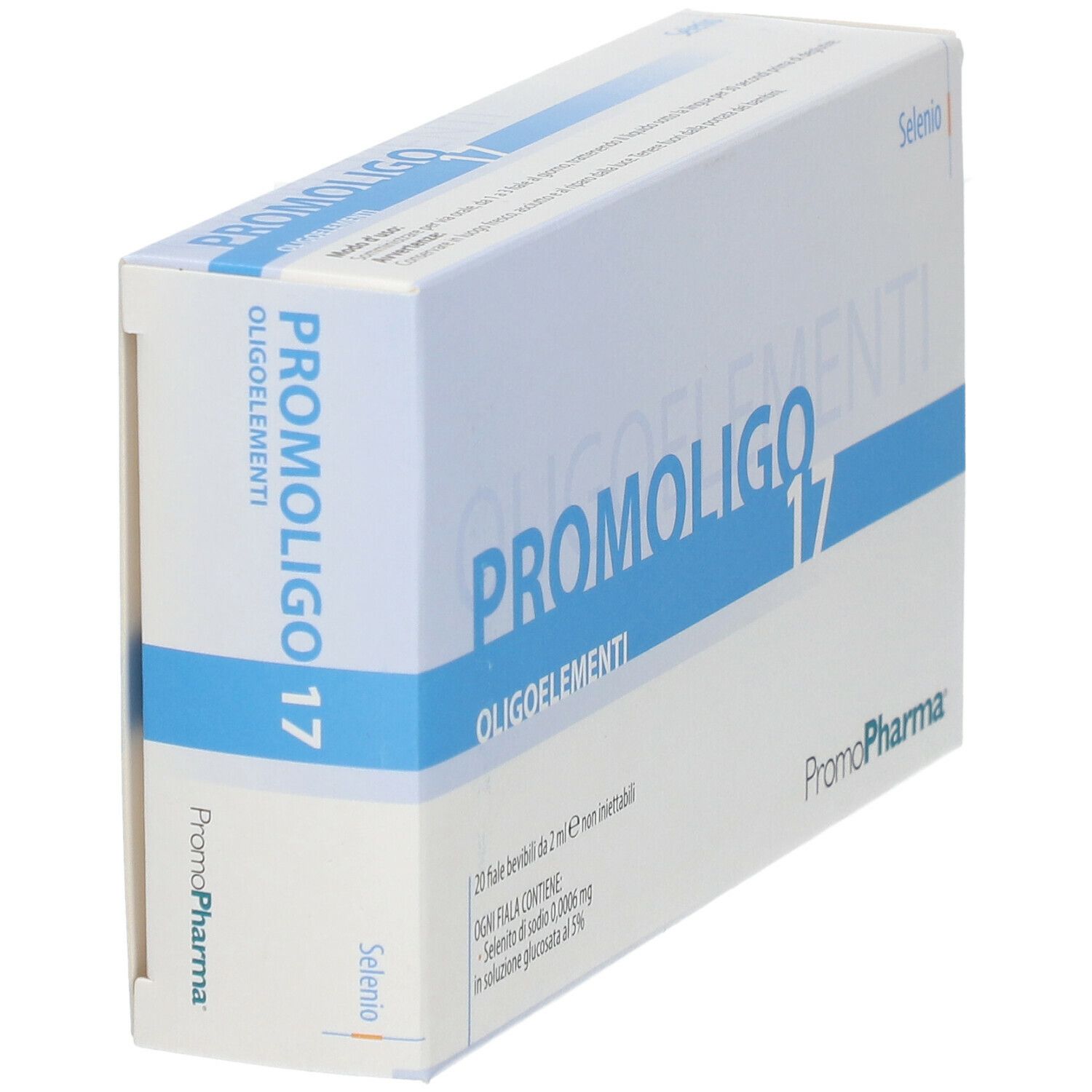 Scatola PROMOLIGO 17 Oligoelementi, bianca con scritta blu. Marchio PromoPharma. Contiene 20 fiale bevibili.