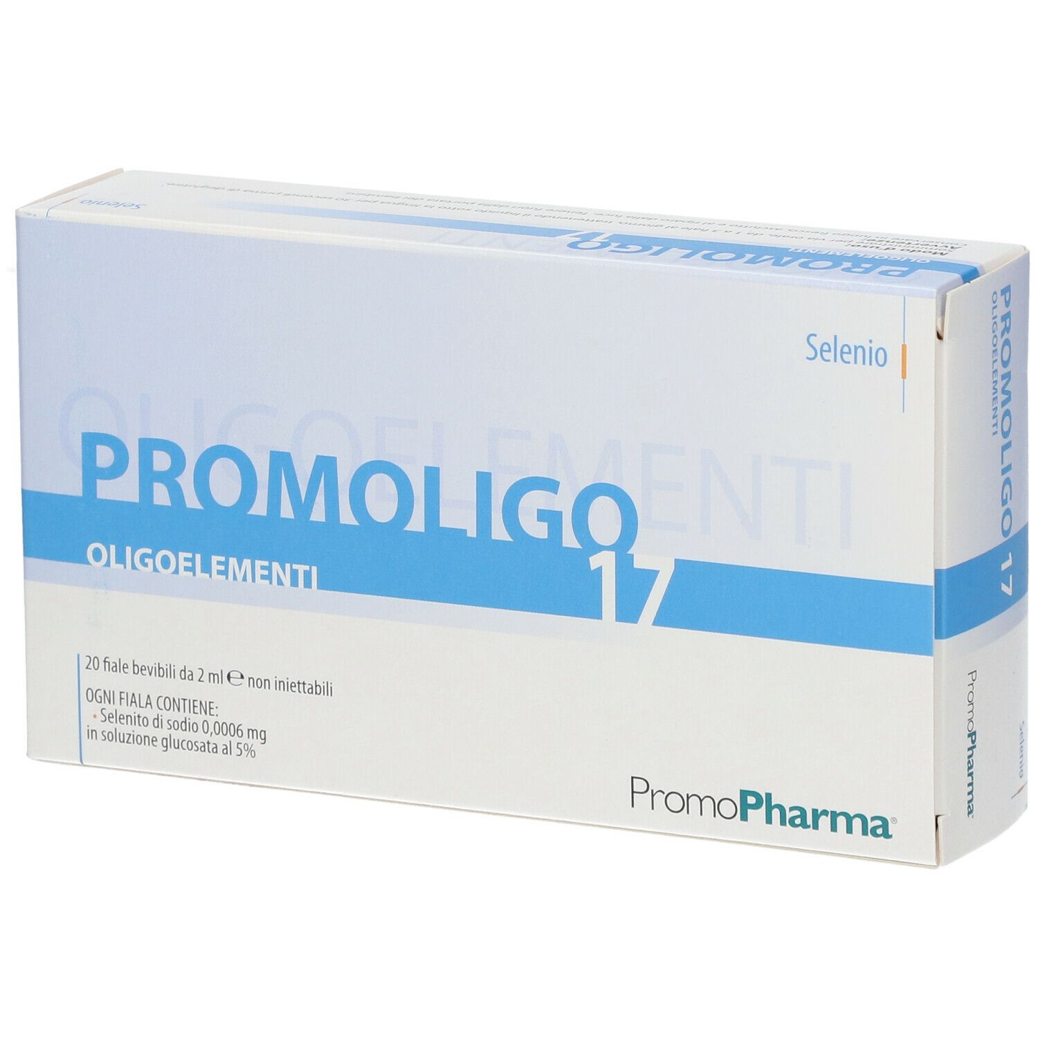 Scatola bianca con scritta blu PROMOLIGO 17 Oligoelementi. Contiene 20 fiale bevibili. Marchio PromoPharma.