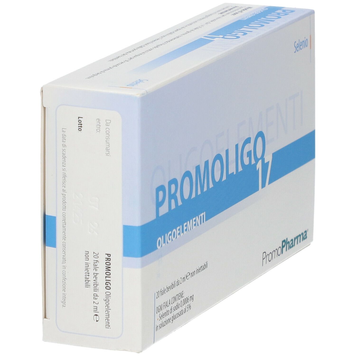 Scatola PROMOLIGO 17 Oligoelementi, bianca con scritta blu. Marchio PromoPharma. Contiene 20 fiale bevibili.