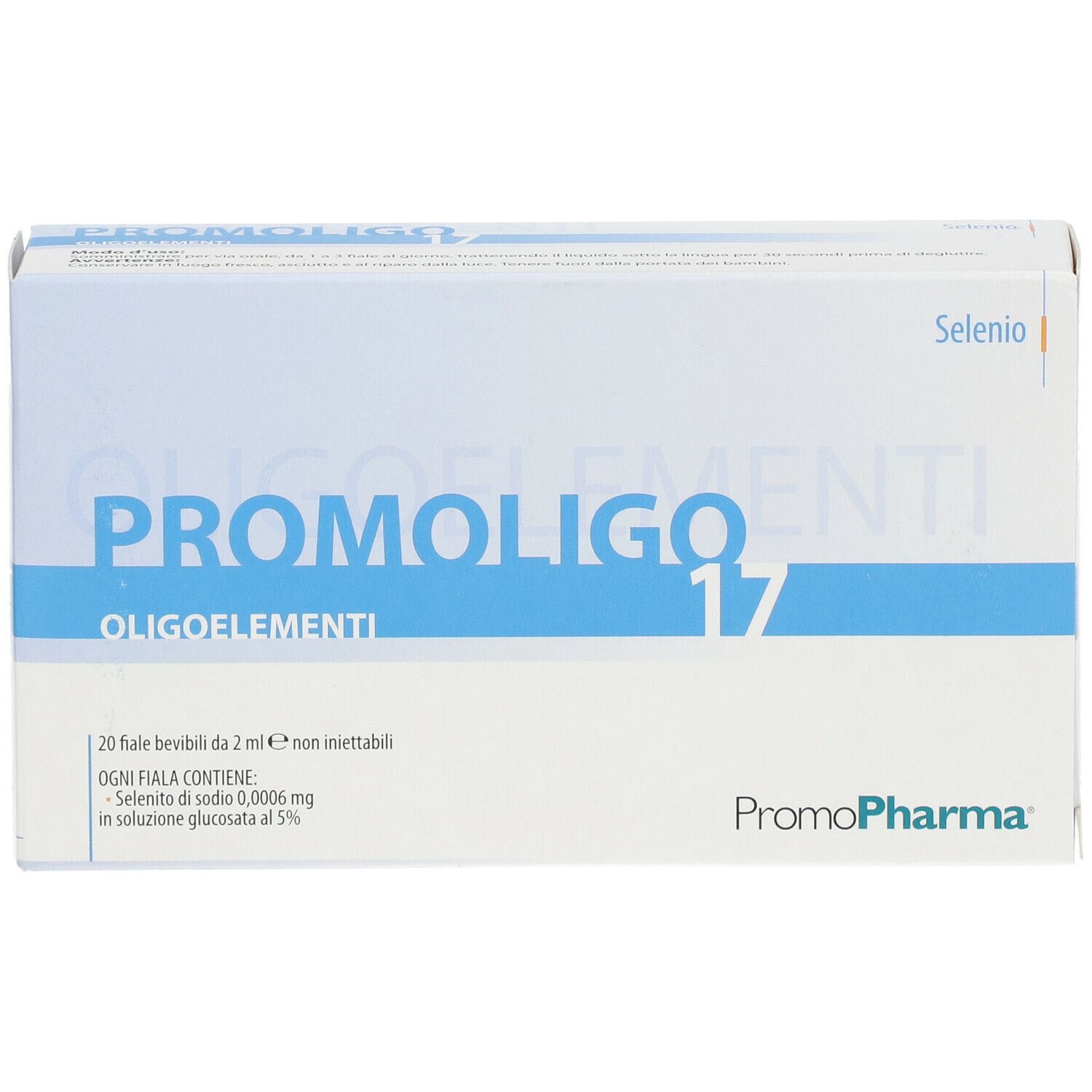 Scatola bianca con scritta blu PROMOLIGO 17 Oligoelementi. Contiene 20 fiale bevibili. Marchio PromoPharma.