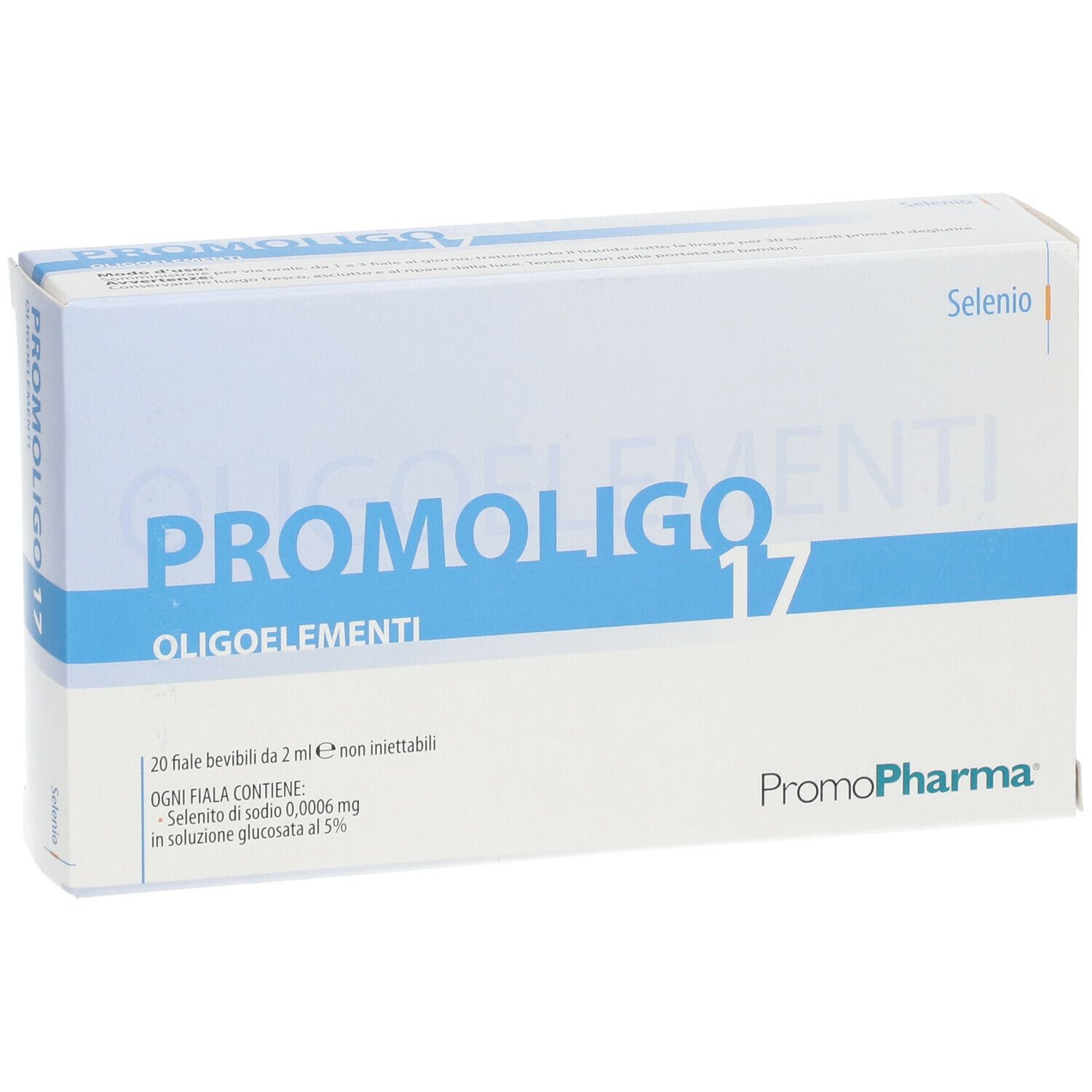 Scatola bianca con scritta blu PROMOLIGO 17 Oligoelementi. Contiene 20 fiale bevibili. Marchio PromoPharma.
