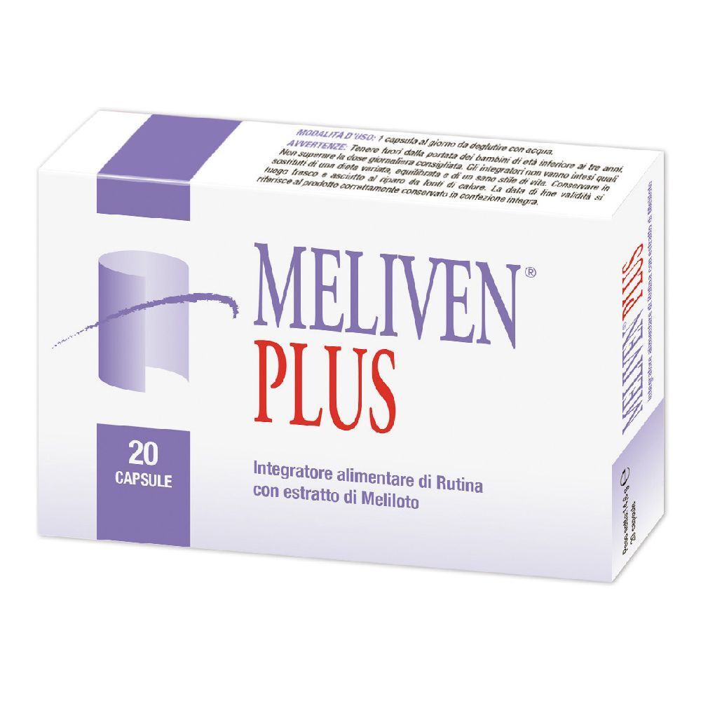Confezione di MELIVEN® PLUS. Scatola bianca con dettagli viola. Contiene 20 capsule. Scritto: MELIVEN® PLUS, Integratore alimentare.