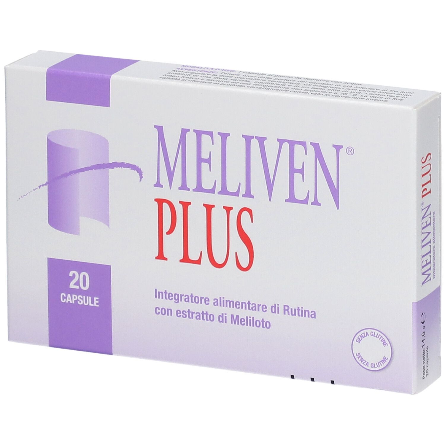 Confezione di MELIVEN® PLUS. Scatola bianca con dettagli viola. Contiene 20 capsule. Scritto: MELIVEN® PLUS, Integratore alimentare.
