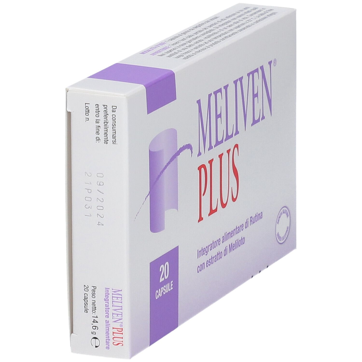 Confezione di MELIVEN® PLUS. Scatola bianca con dettagli viola. Contiene 20 capsule. Scritto: MELIVEN® PLUS, Integratore alimentare.
