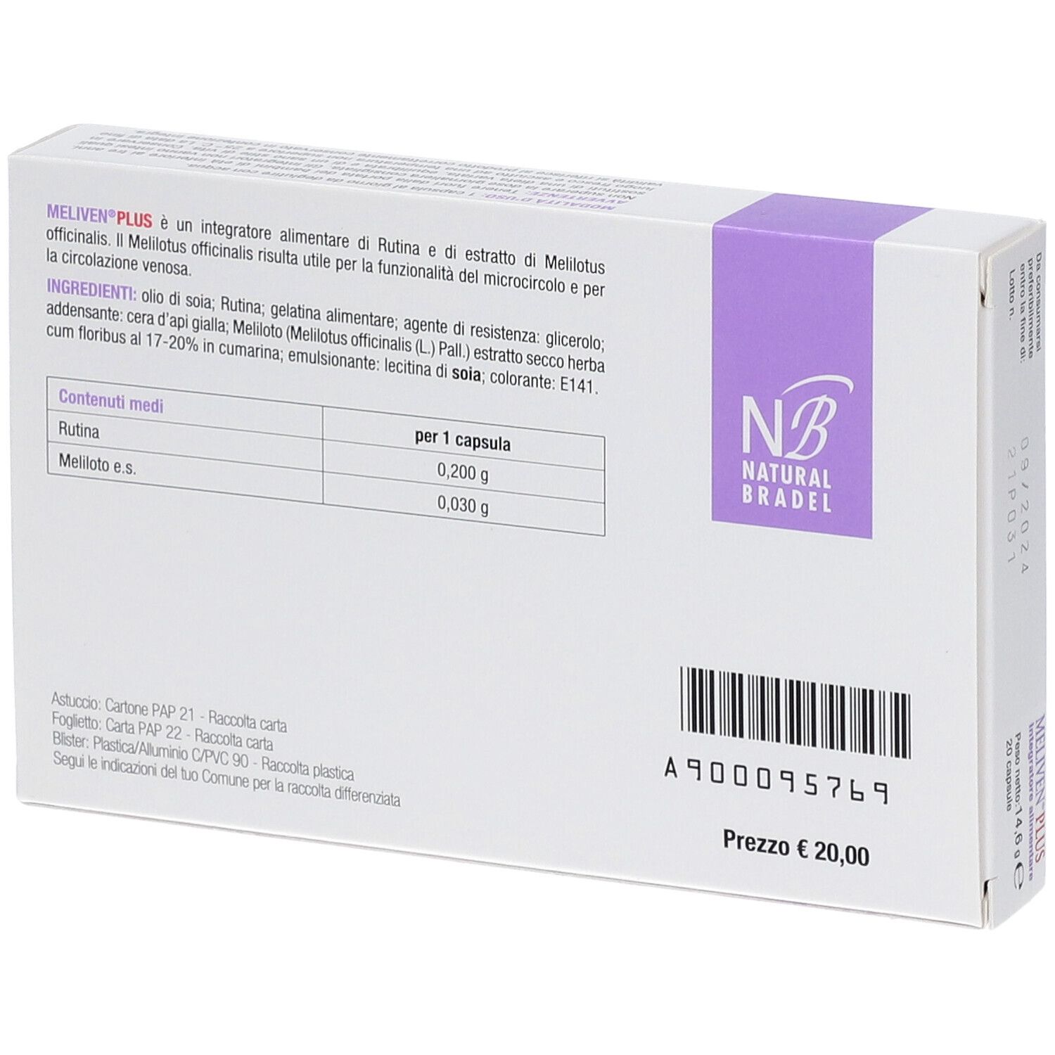 Confezione di MELIVEN® PLUS. Scatola bianca con dettagli viola. Contiene 20 capsule. Scritto: MELIVEN® PLUS, Integratore alimentare.