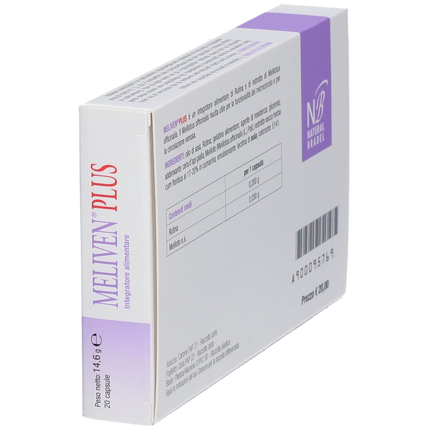 Confezione di MELIVEN® PLUS. Scatola bianca con dettagli viola. Contiene 20 capsule. Scritto: MELIVEN® PLUS, Integratore alimentare.