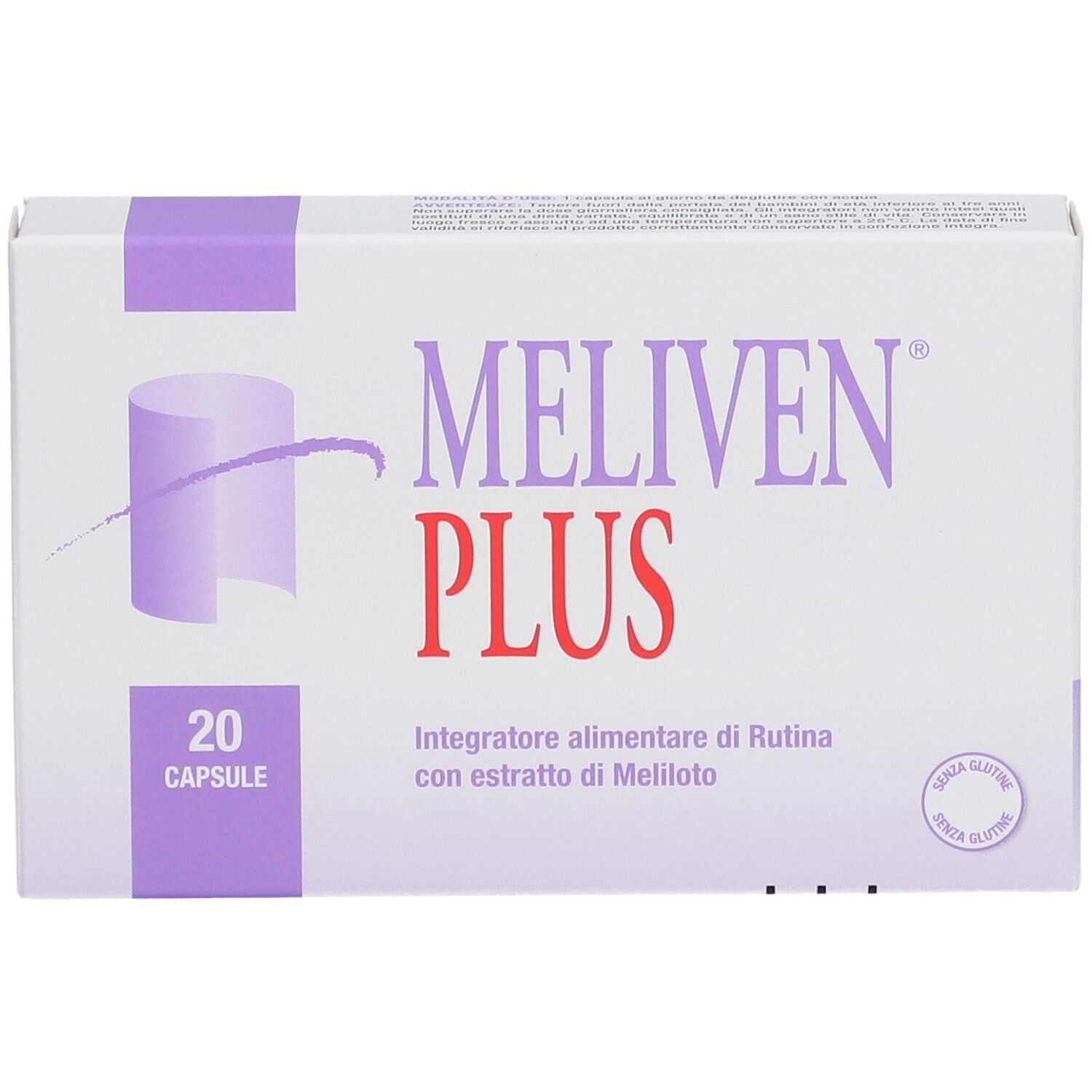Confezione di MELIVEN® PLUS. Scatola bianca con dettagli viola. Contiene 20 capsule. Scritto: MELIVEN® PLUS, Integratore alimentare.